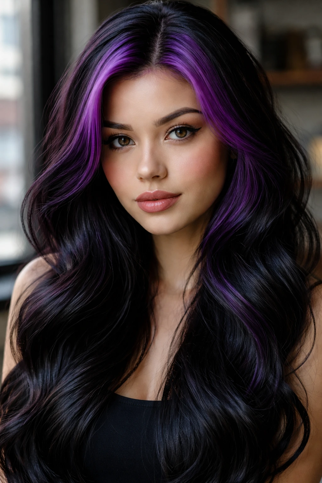 Close-up portrait of a real person with electric violet shadow roots