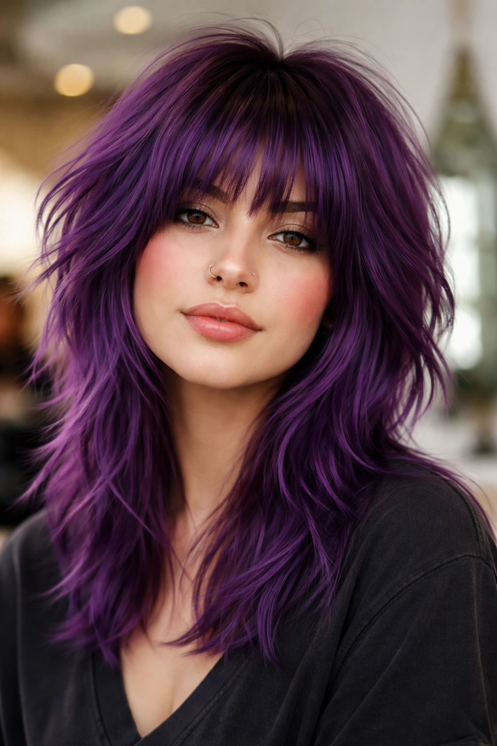 Close-up portrait of a woman with violet shag and a choppy fringe