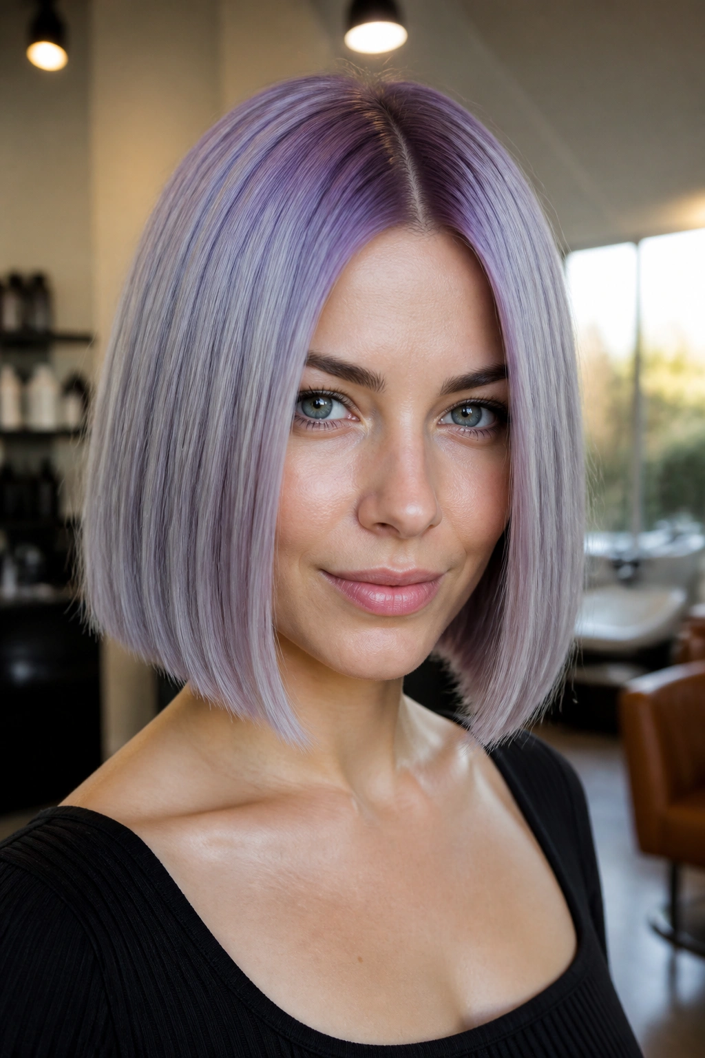 Close-up portrait of a real woman with a violet-silver blunt cut hair
