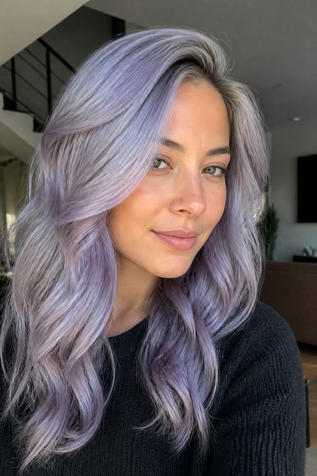 Close-up portrait of a real woman with violet-silver hair