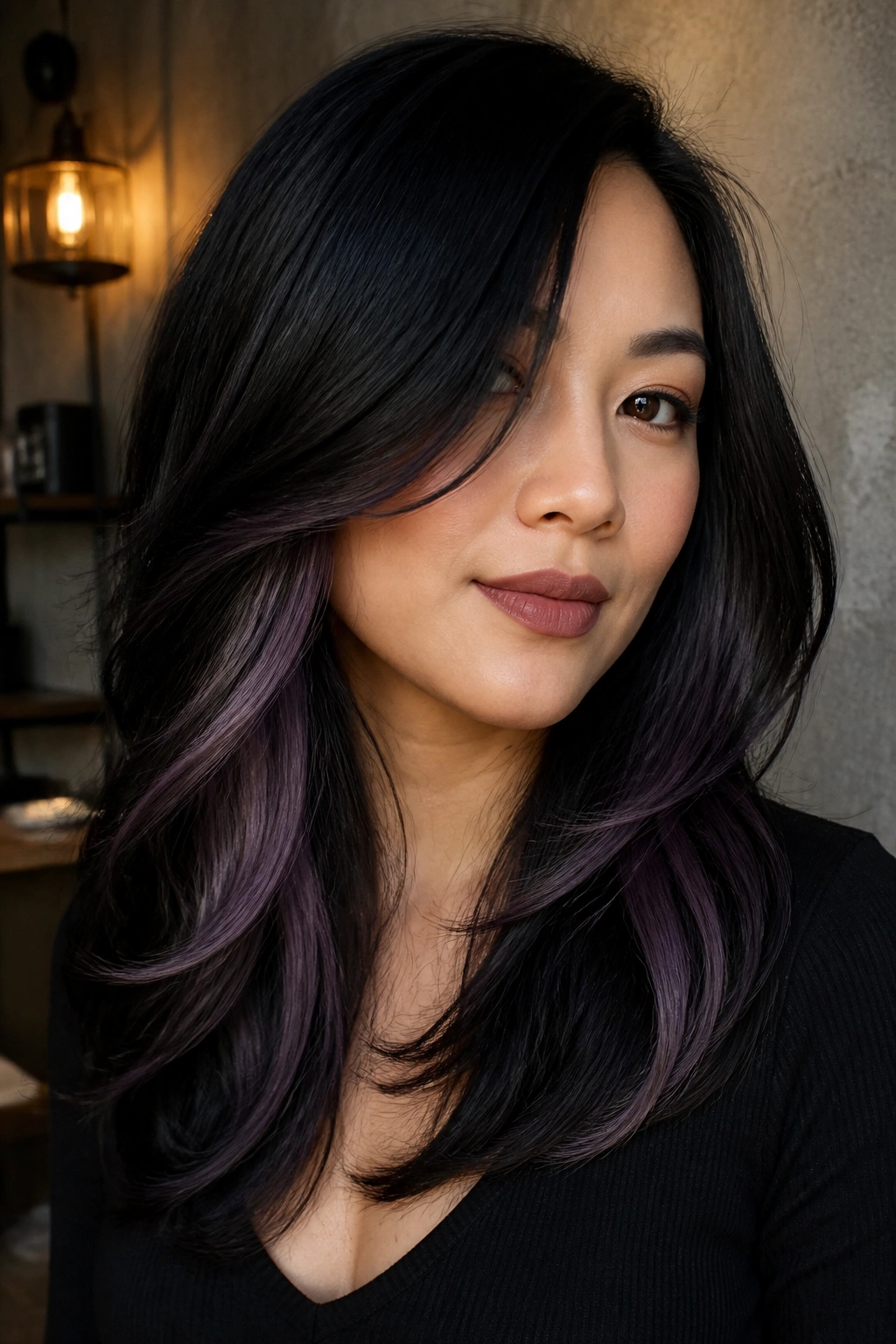 Close-up portrait of a real person with layered black hair and smoky violet slices
