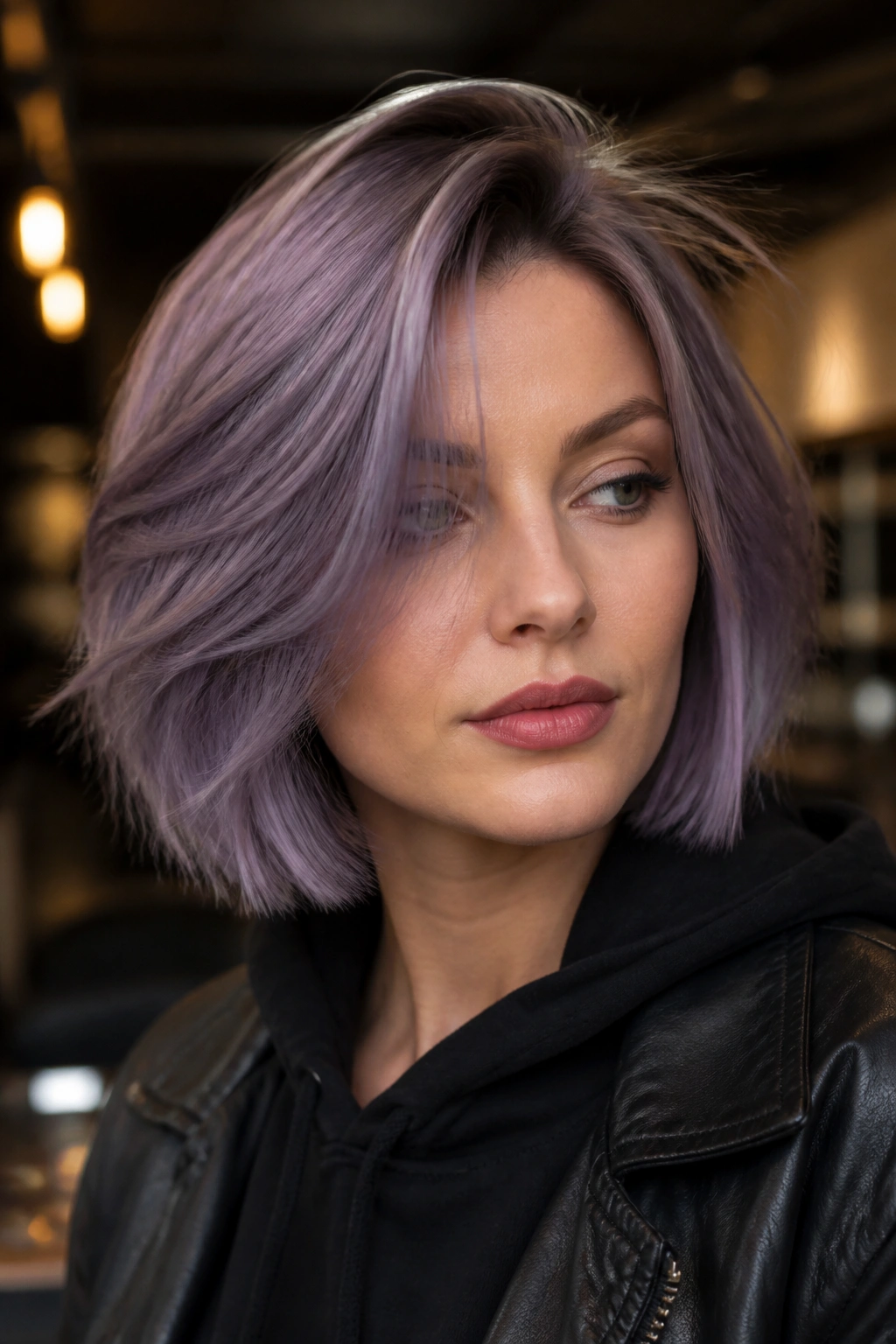 Close-up portrait of a real woman with violet smoke bob