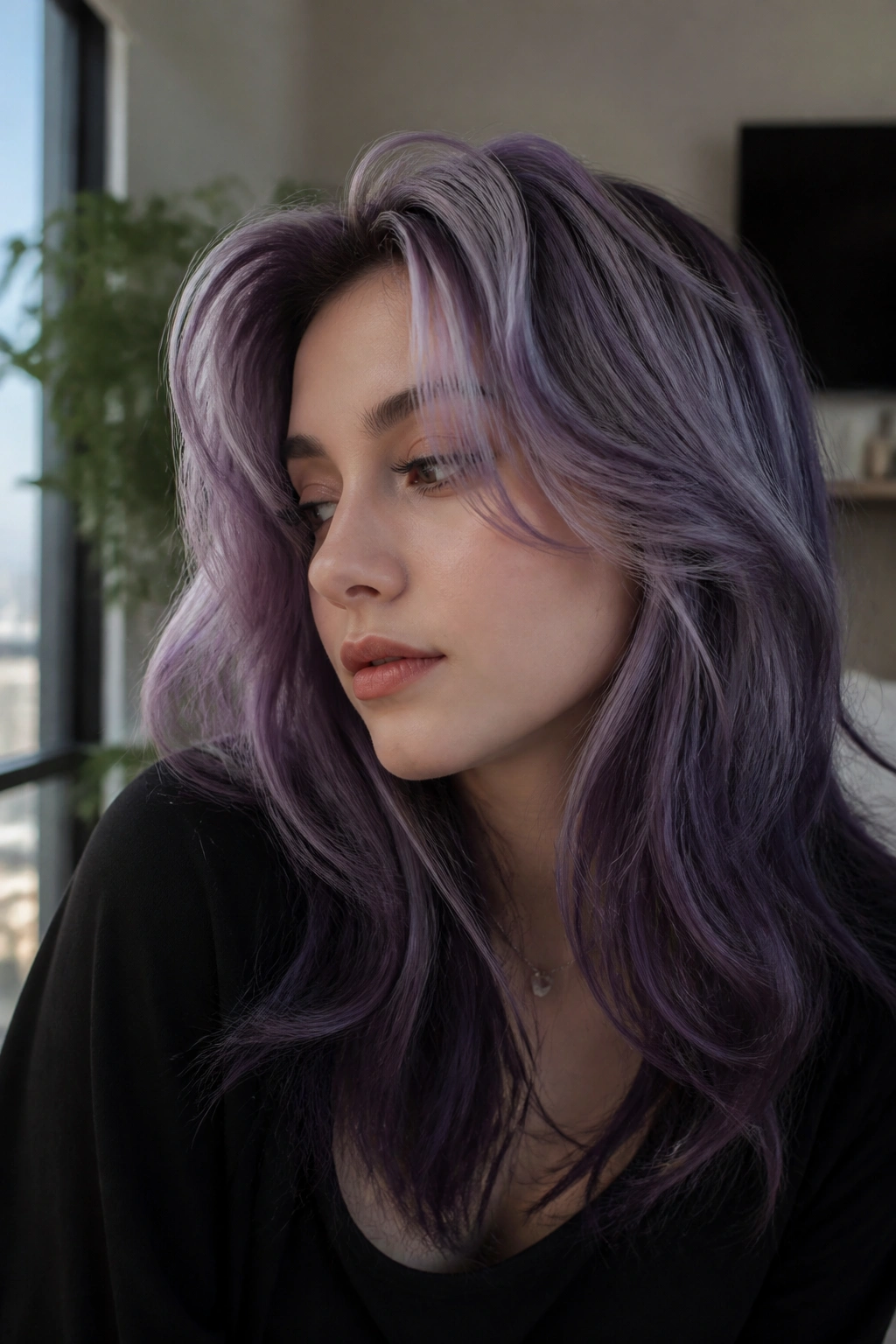 Close-up of layered violet hair with lighter crown pieces on a real person