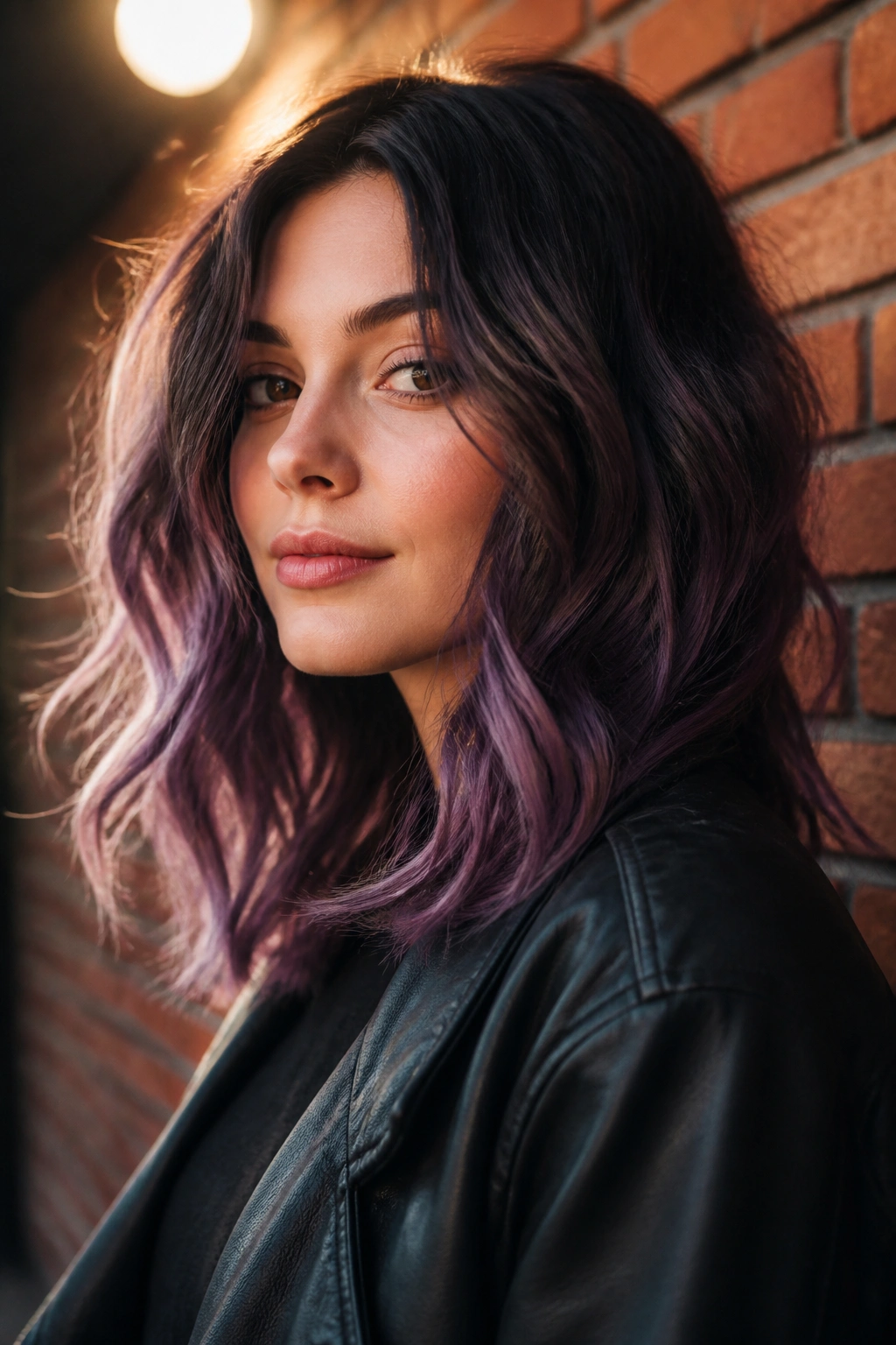 Violet smoke ombre on wavy hair with moody lighting