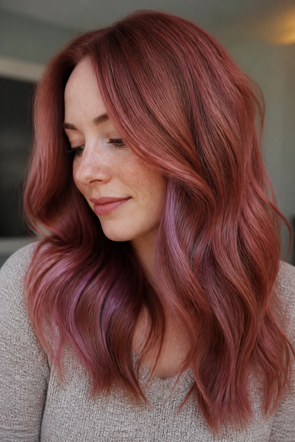 Close-up portrait of a real person with violet-based strawberry overlay adding depth to the red.