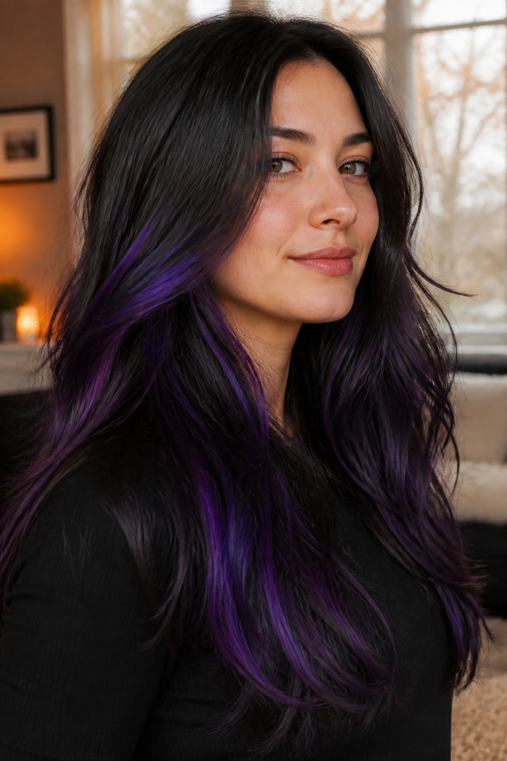 Close-up of long layered hair with violet streaks starting below the cheekbone