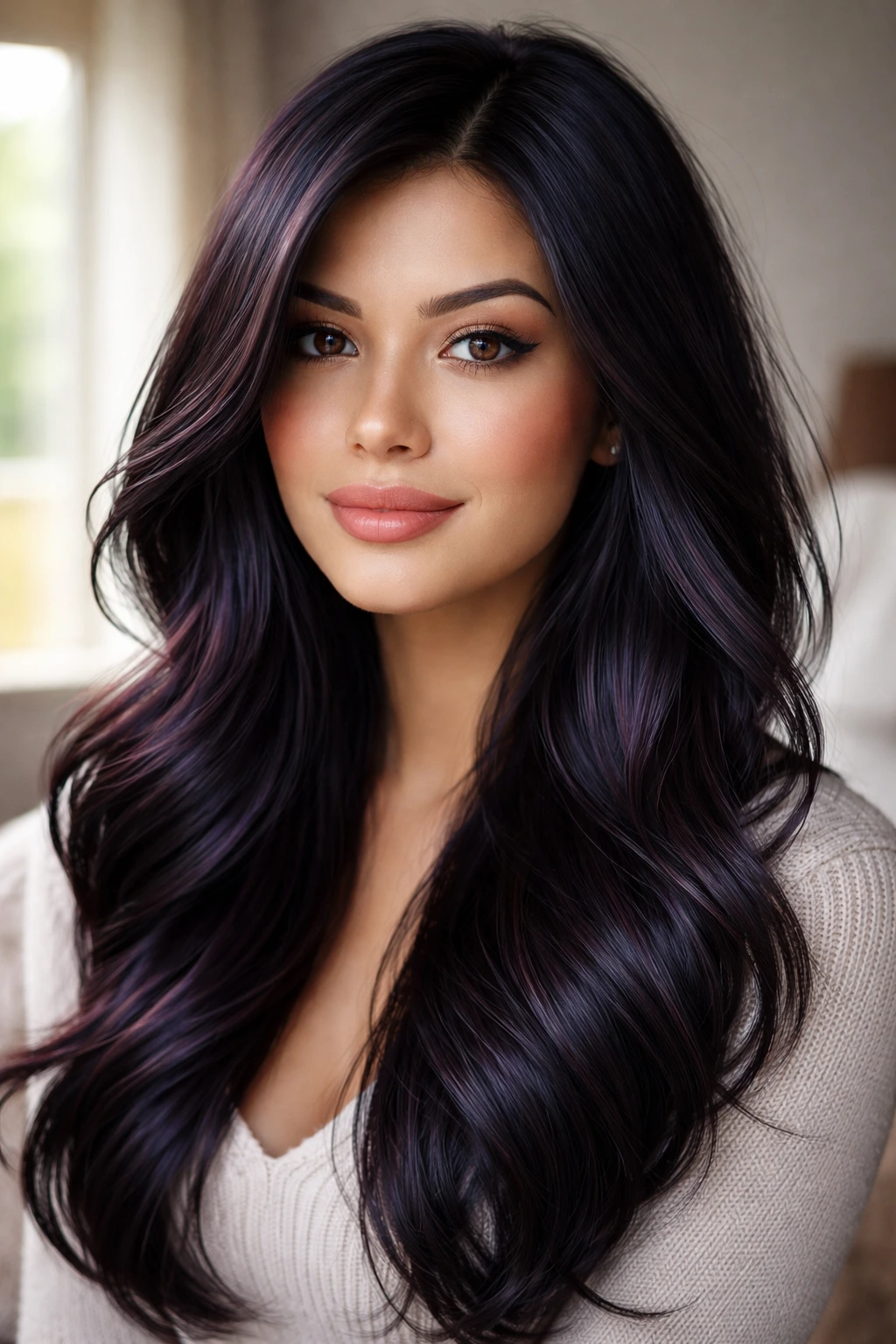 Close-up of a real woman with jet-black hair showing a violet tint in sunlight
