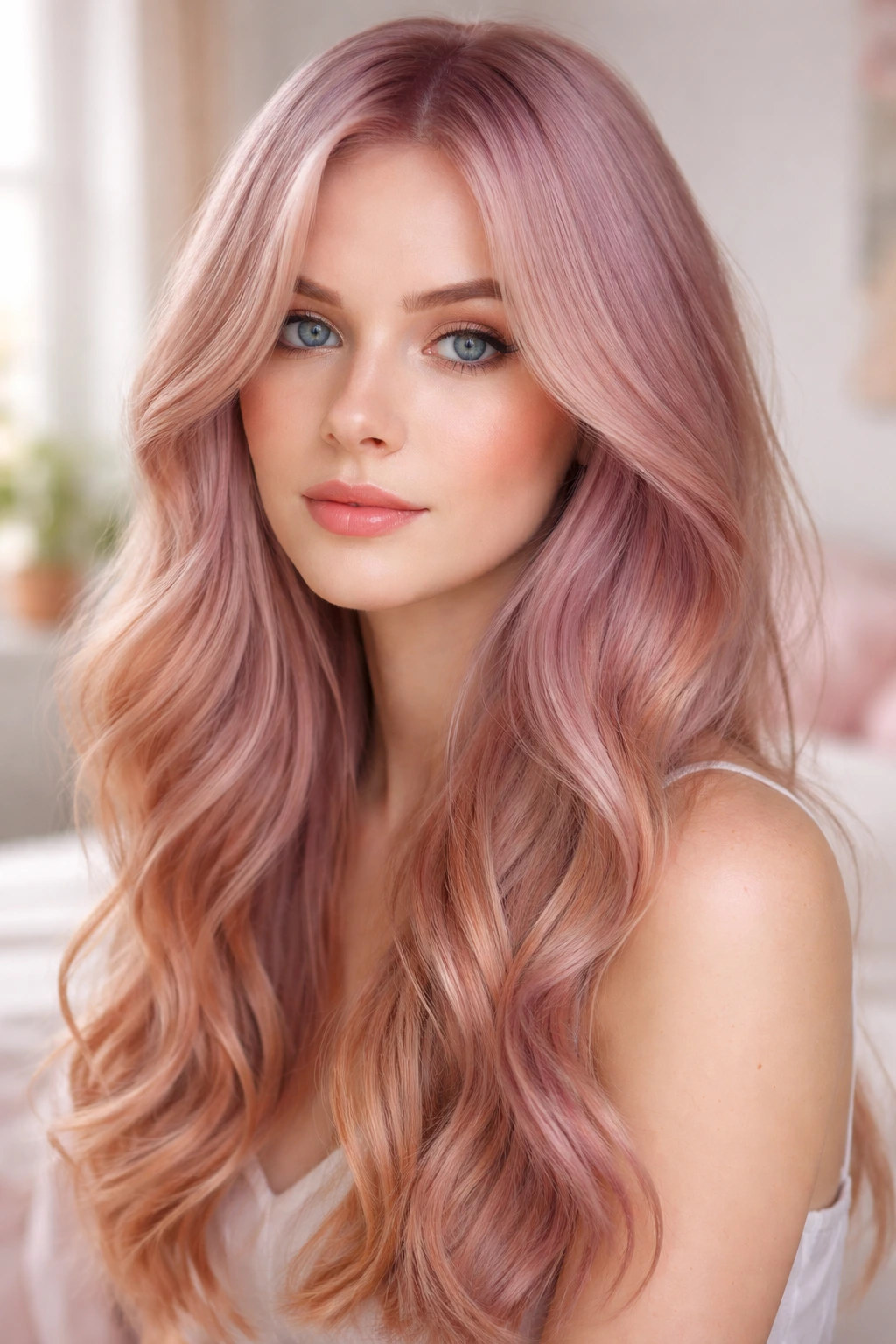 Portrait of a person with violet-tinted strawberry hair