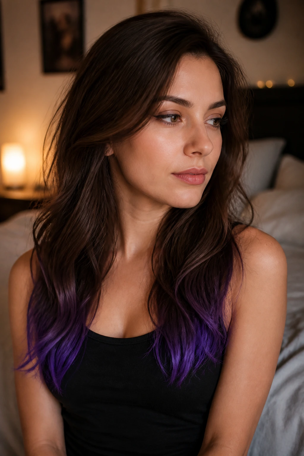 Close-up portrait of a real woman with natural brown hair and violet tips
