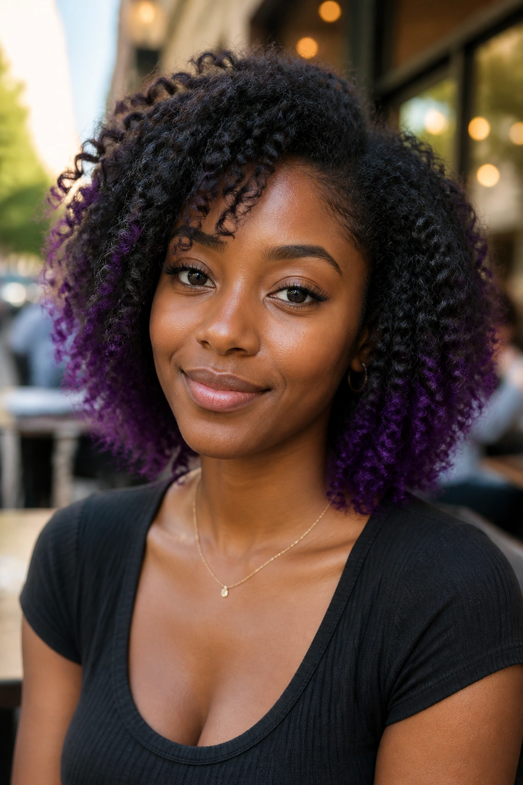 Close-up of a real person with violet-tipped ends on natural hair