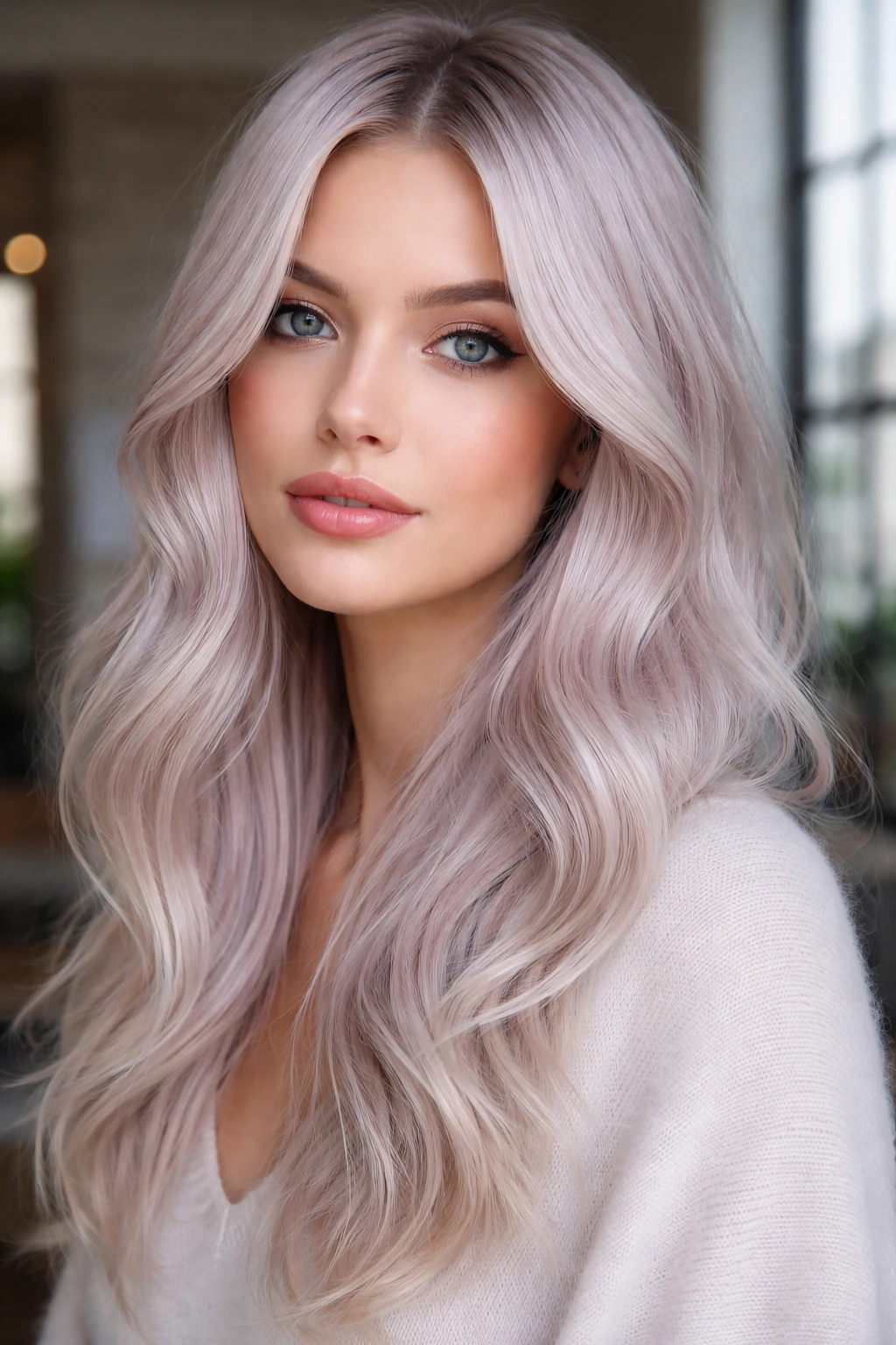 Close-up portrait of a woman with violet-toned vanilla hair in a chic loft