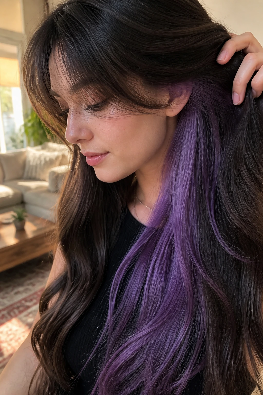 Close-up portrait of a real woman with violet underlayer peekaboo hair showing underlayer reveal
