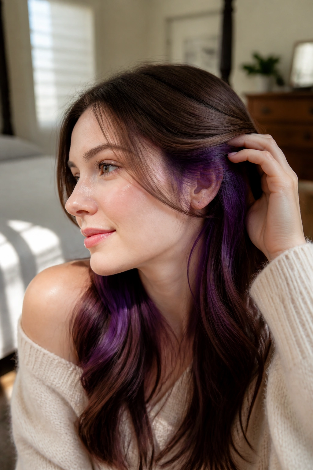 Portrait showing violet underlayers peeking from brown hair behind the ear.