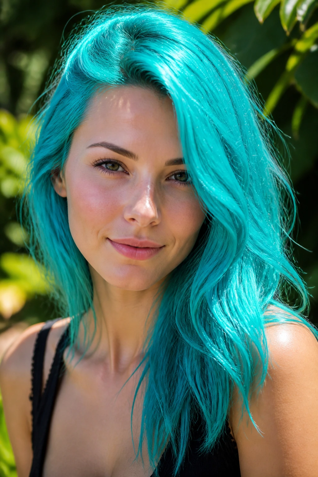 Close-up of a real person with vivid turquoise hair outdoors