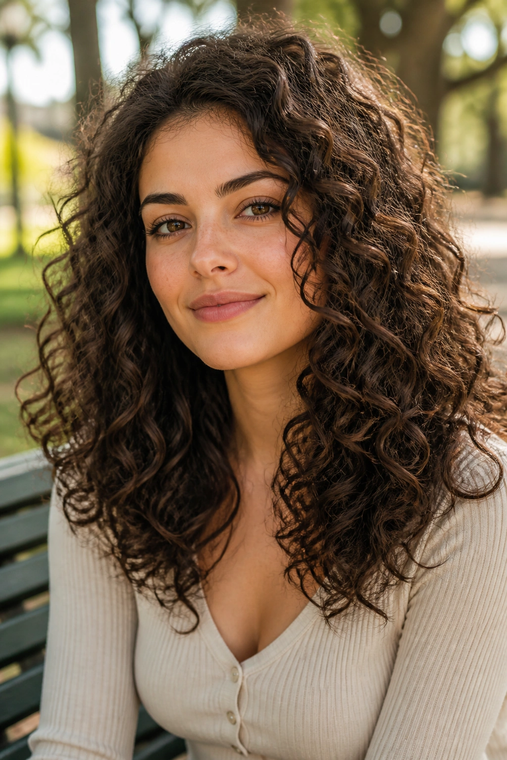 Close-up of a real woman with big curls hanging below the cheekbones in natural light