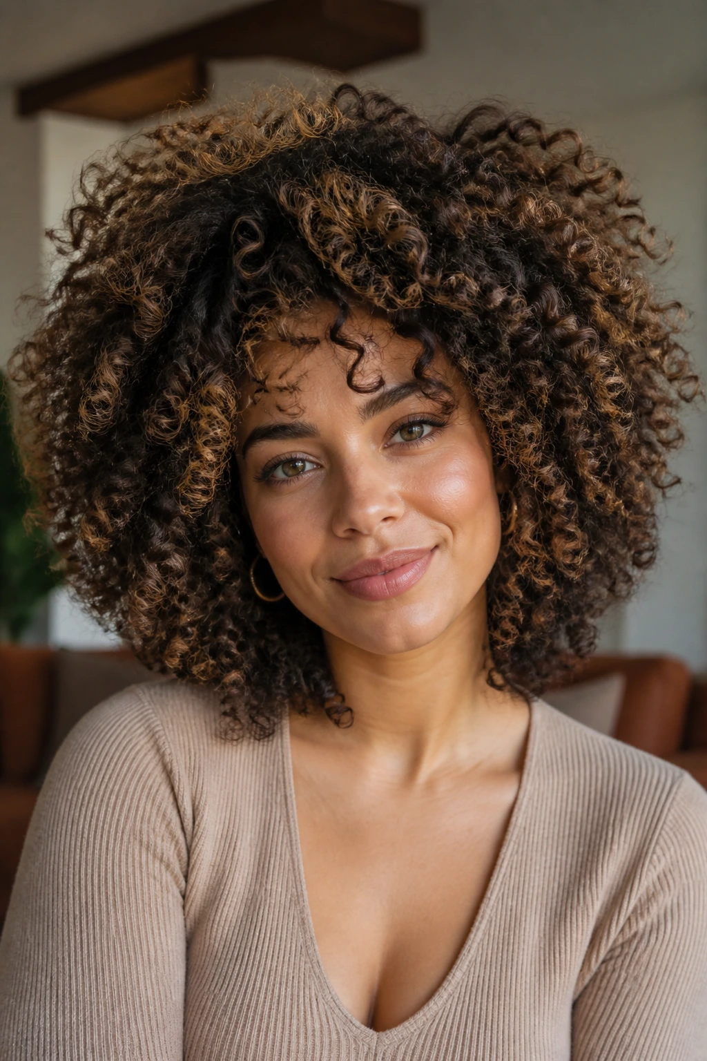 Medium close-up of a woman with a voluminous rounded crown.