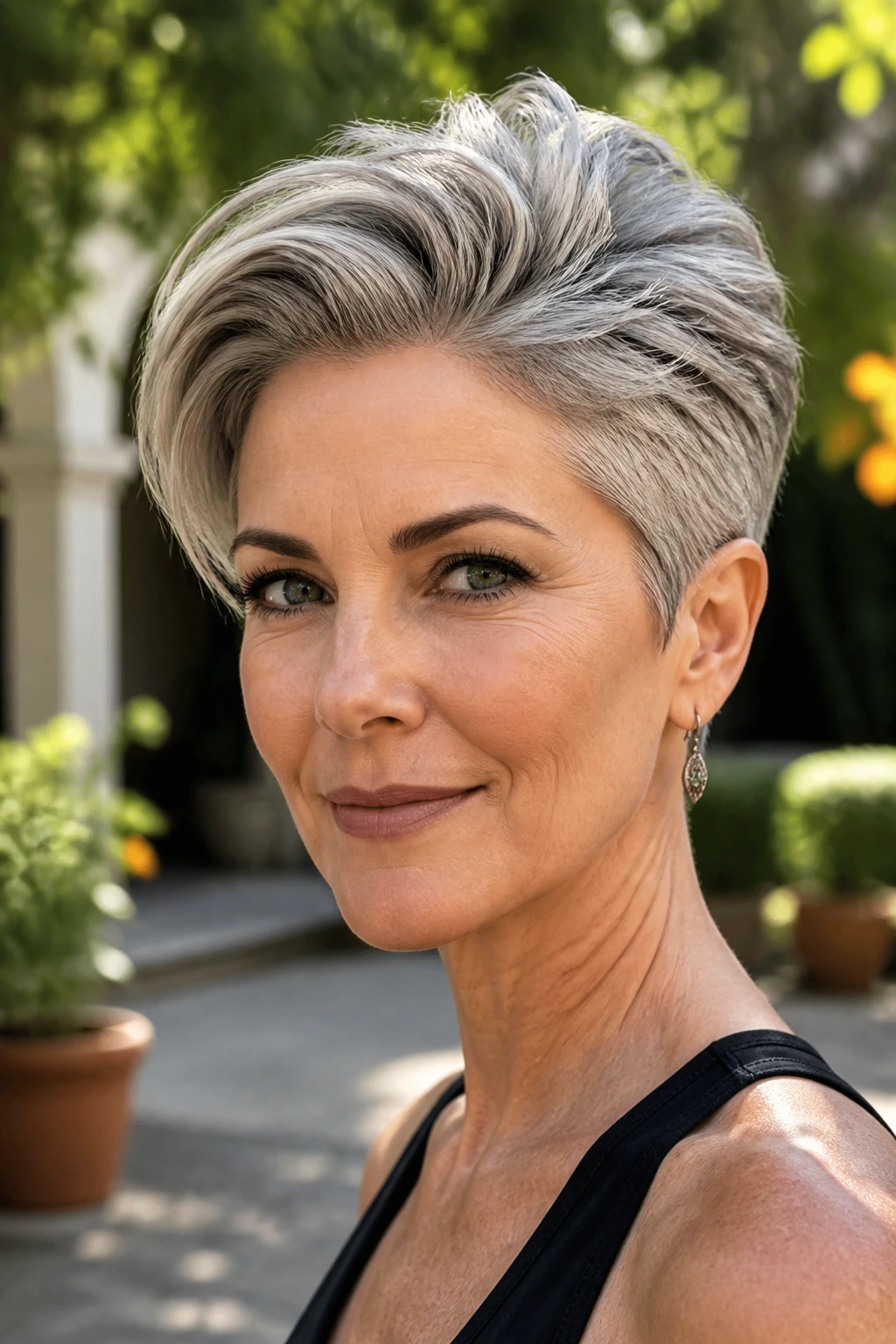 Close-up portrait of a real woman with swept-back volume pixie hairstyle in outdoor light