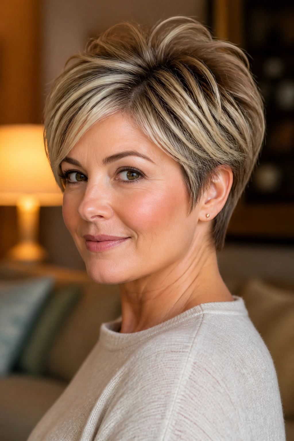 Close-up portrait of a real woman with volume-top pixie bob and crown lift.