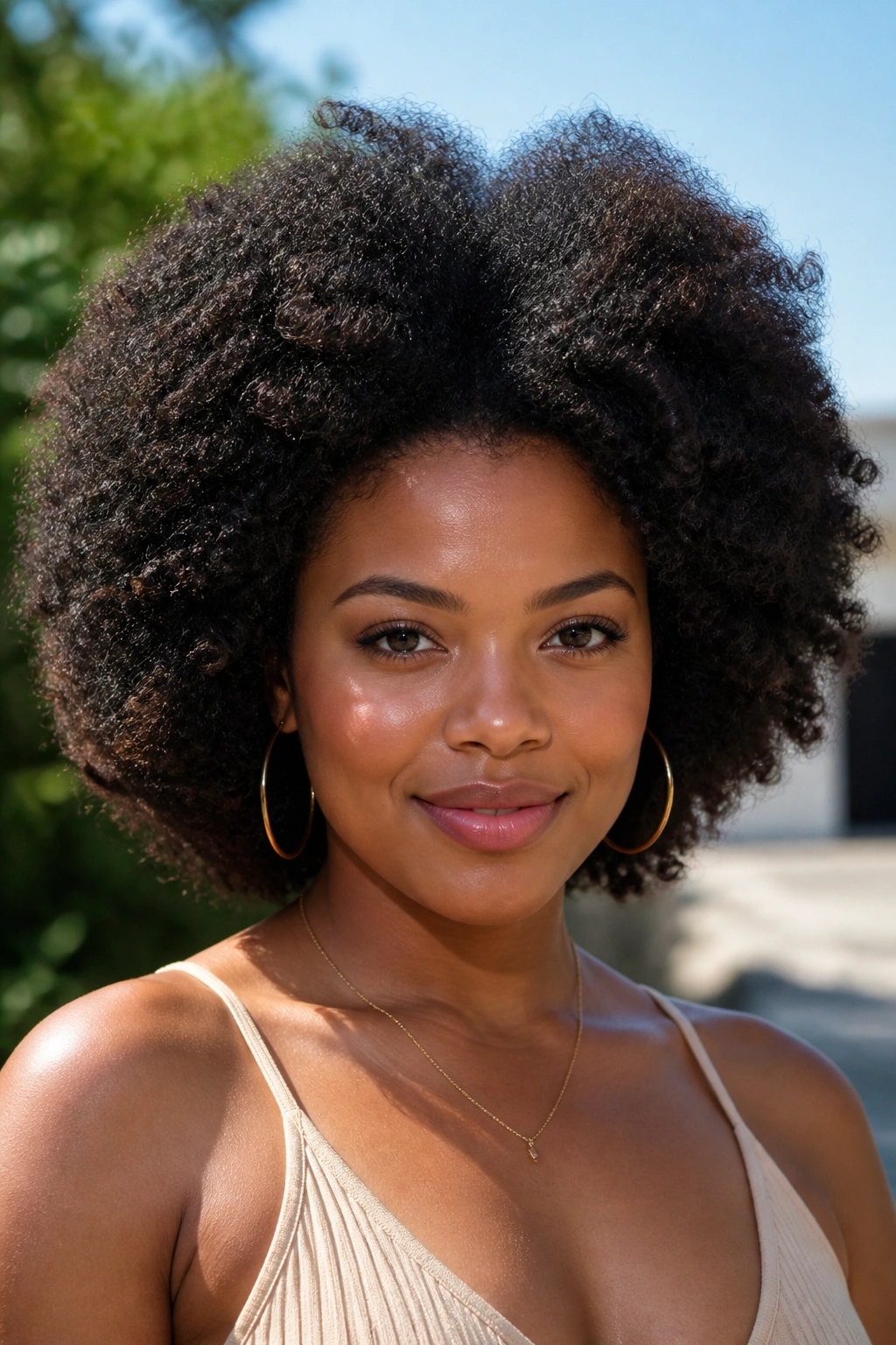Close-up of a woman with voluminous afro and center lift.