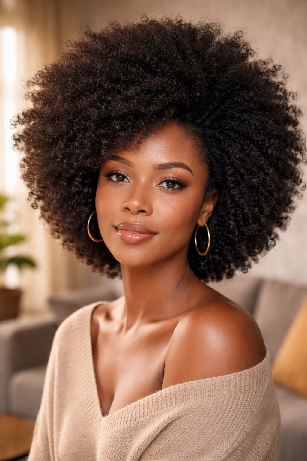Close-up of a voluminous natural afro on a real woman, crown volume with soft background