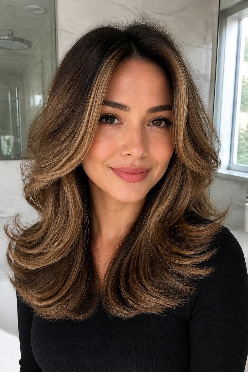 Woman with voluminous blowout hairstyle featuring crown lift and layered ends