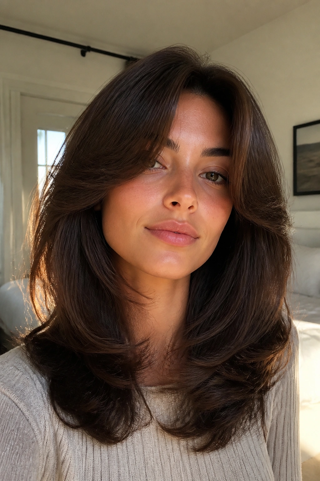 Close-up portrait of a real woman with voluminous blowout curtain bangs.