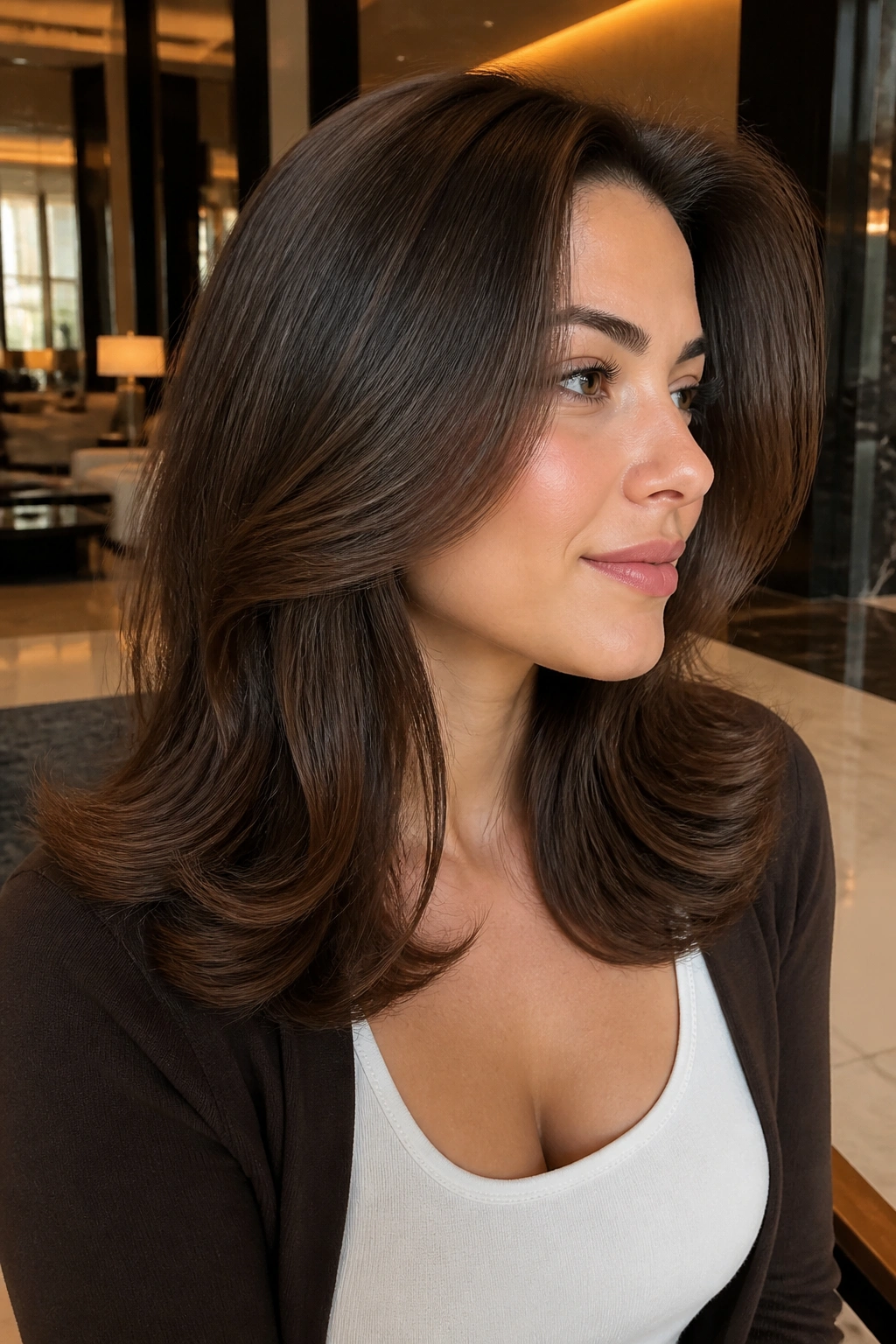 Portrait of a real woman with voluminous blowout and flipped ends