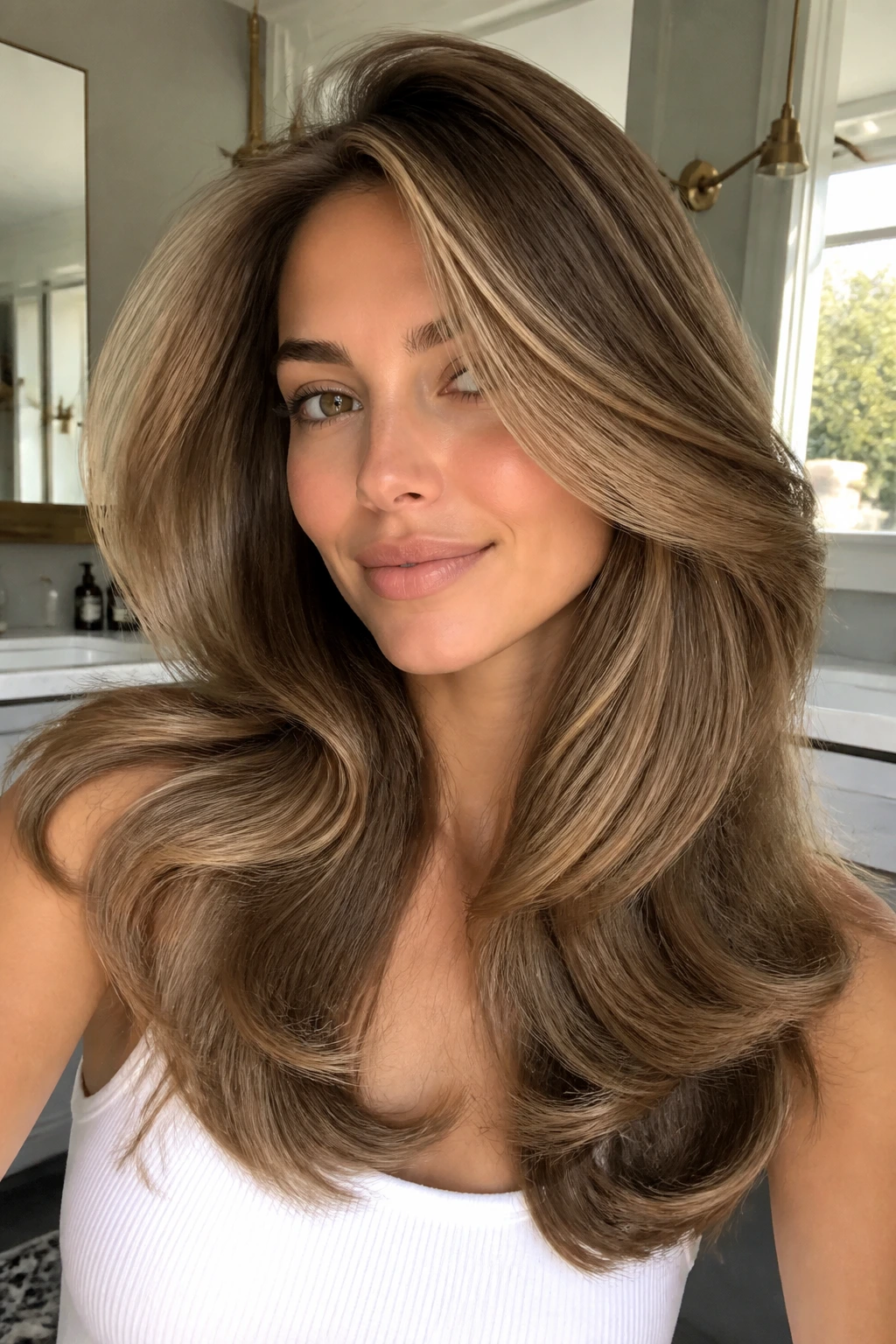 Close-up of a real woman with a voluminous blowout showing root lift and soft curled ends