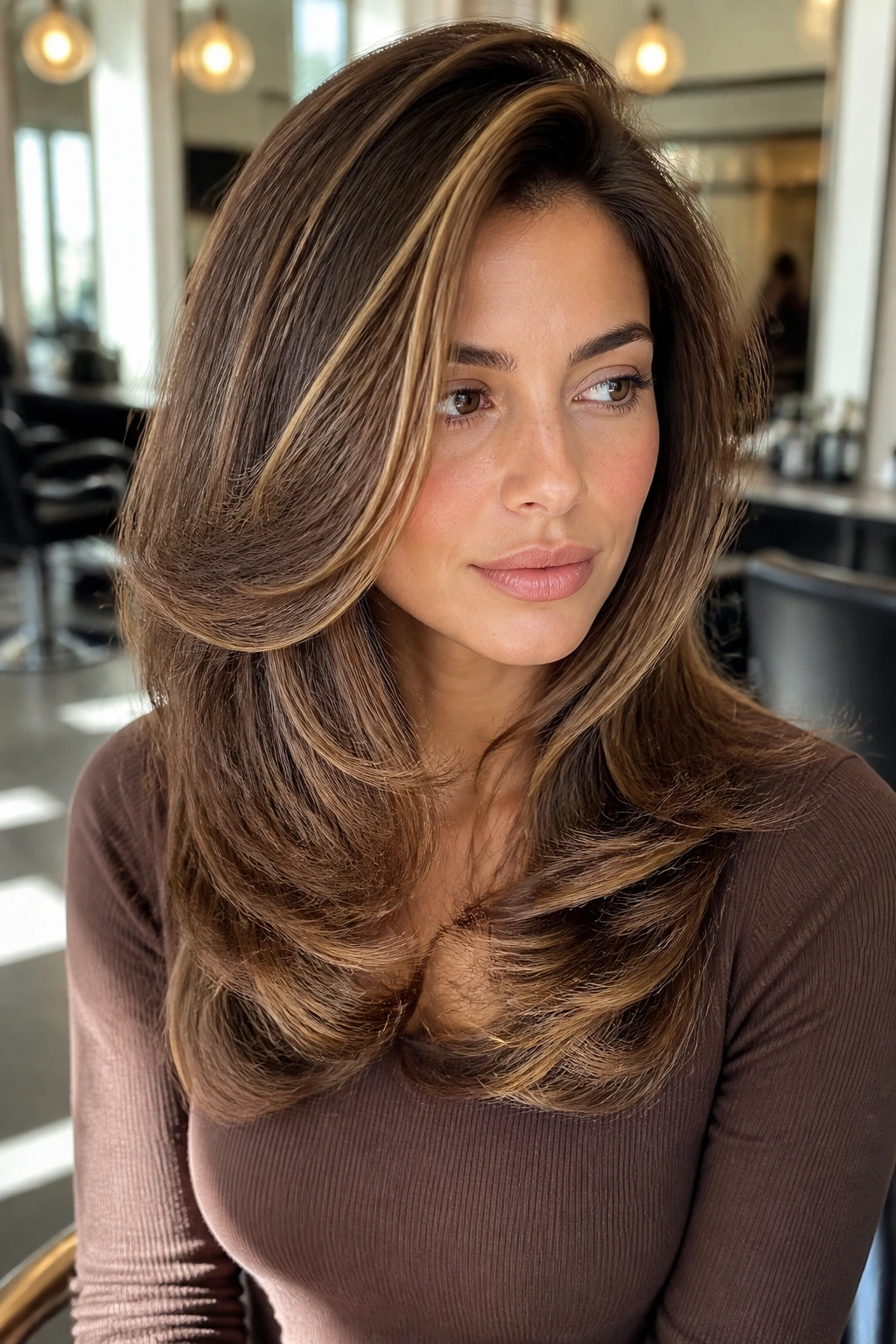 Close-up of a real woman with voluminous blowout and side-swept ends in warm salon light