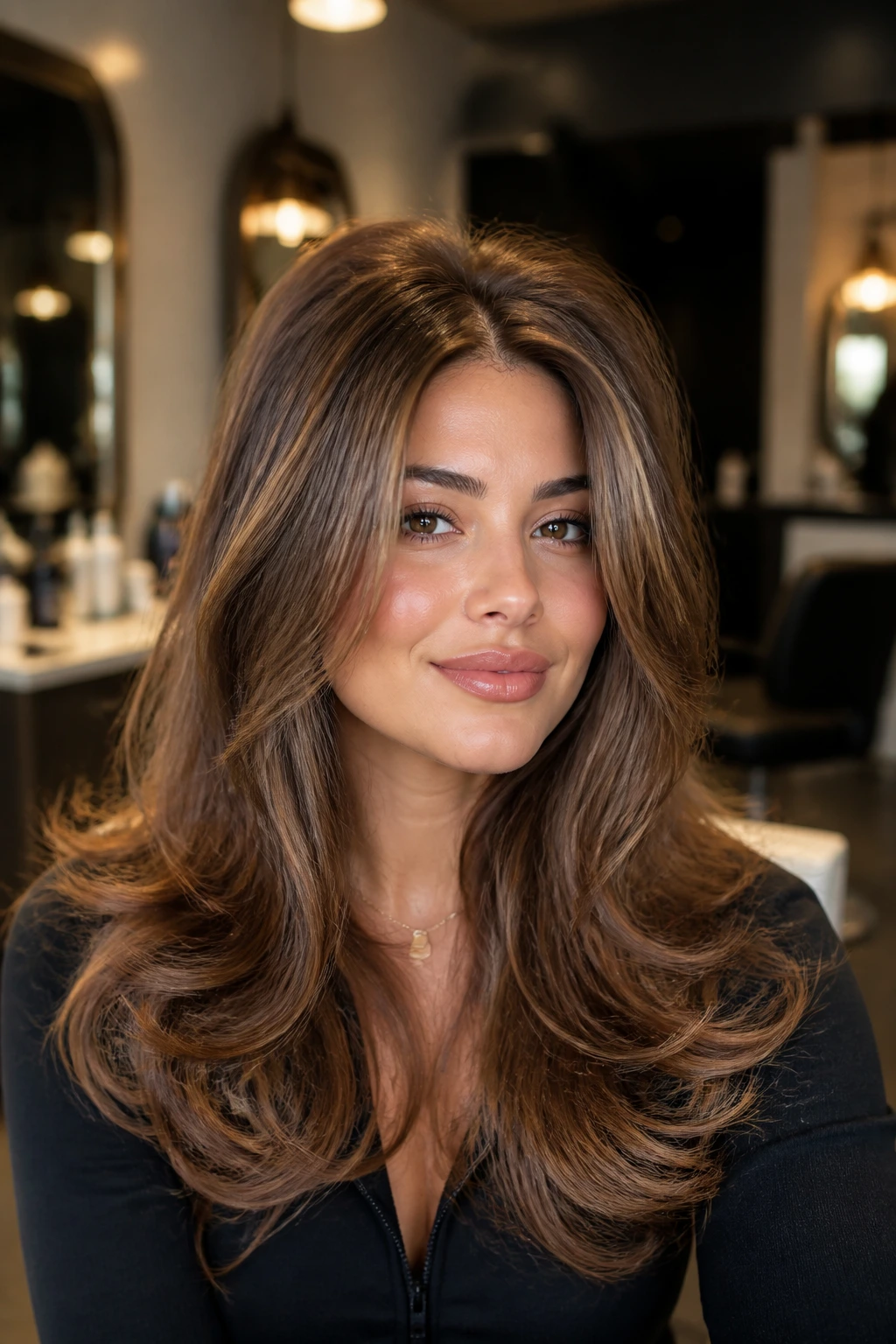 Real woman with voluminous blowout and middle part