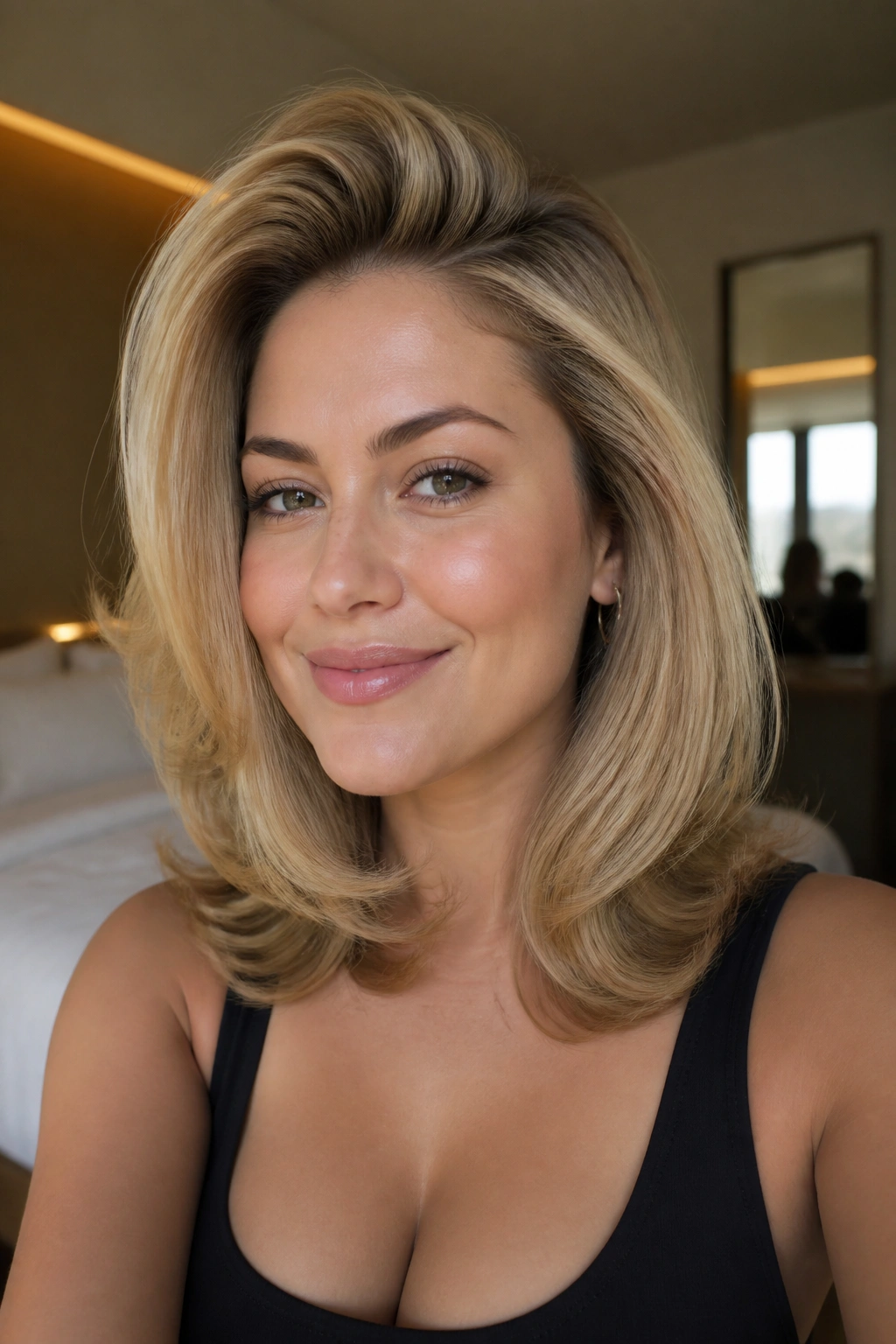 Close-up portrait of a real person with a voluminous blowout and flipped ends, warm hotel lighting.