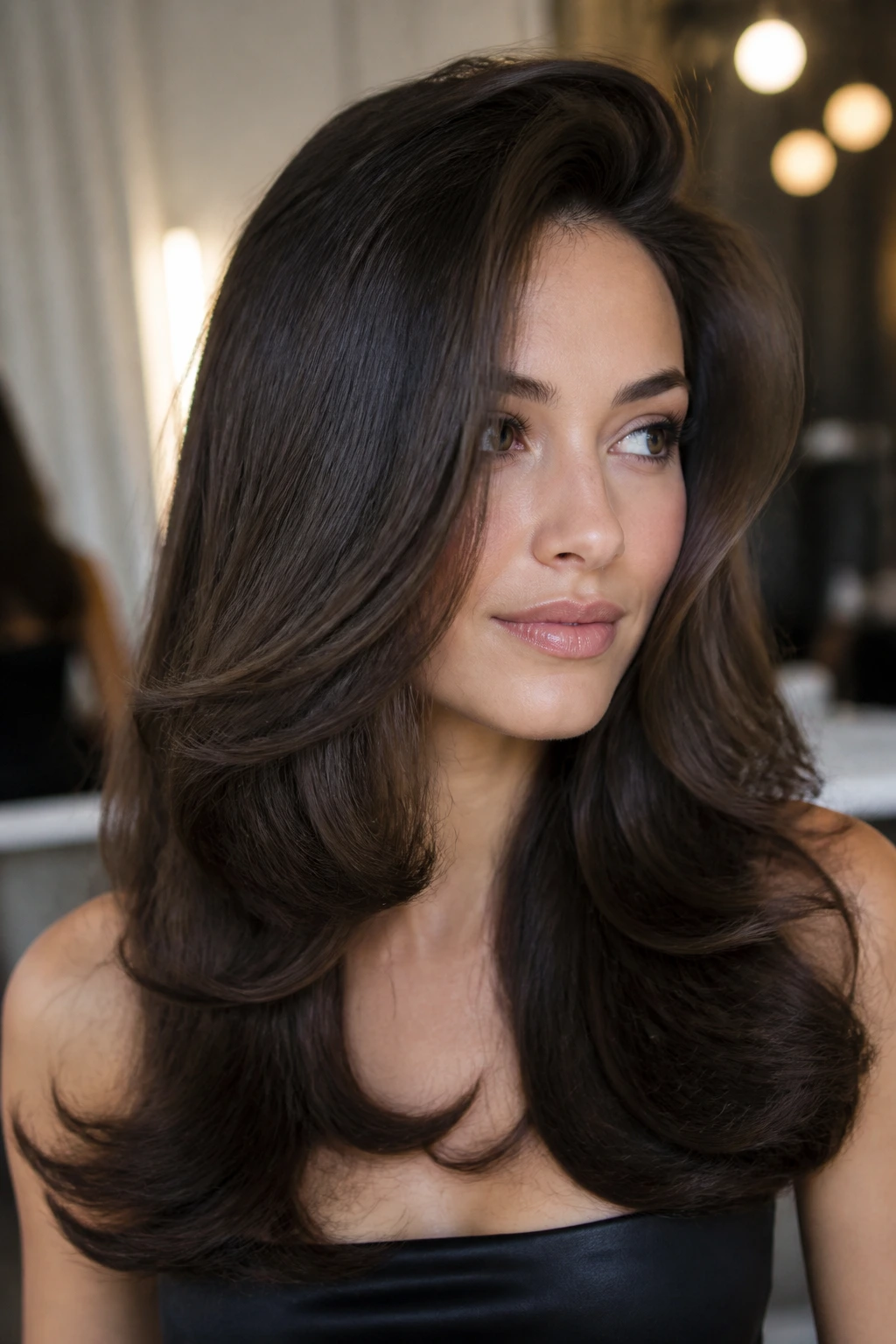 Close-up of a real woman with a voluminous blowout and flipped ends.