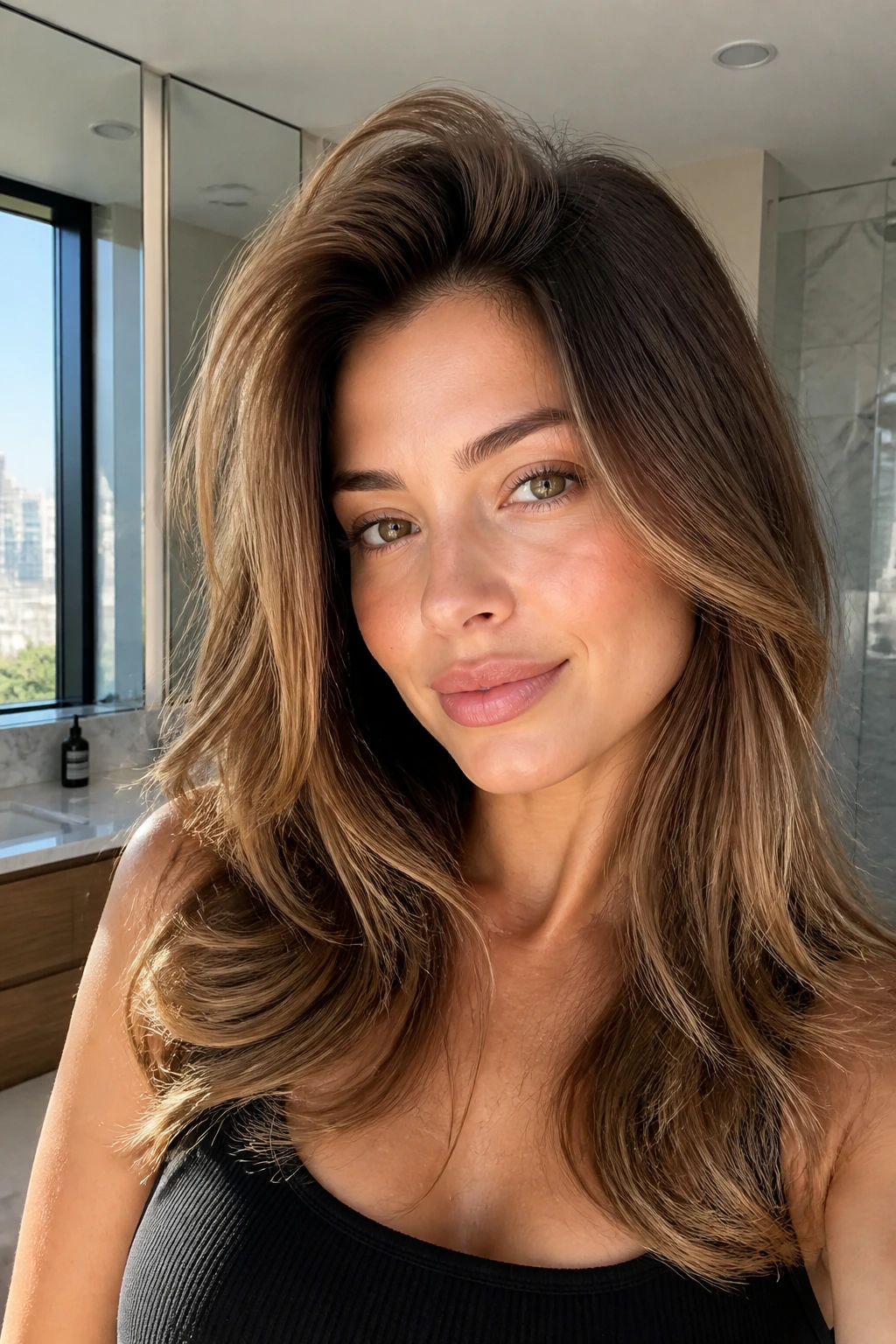 Close-up of a real woman with voluminous blowout and root lift