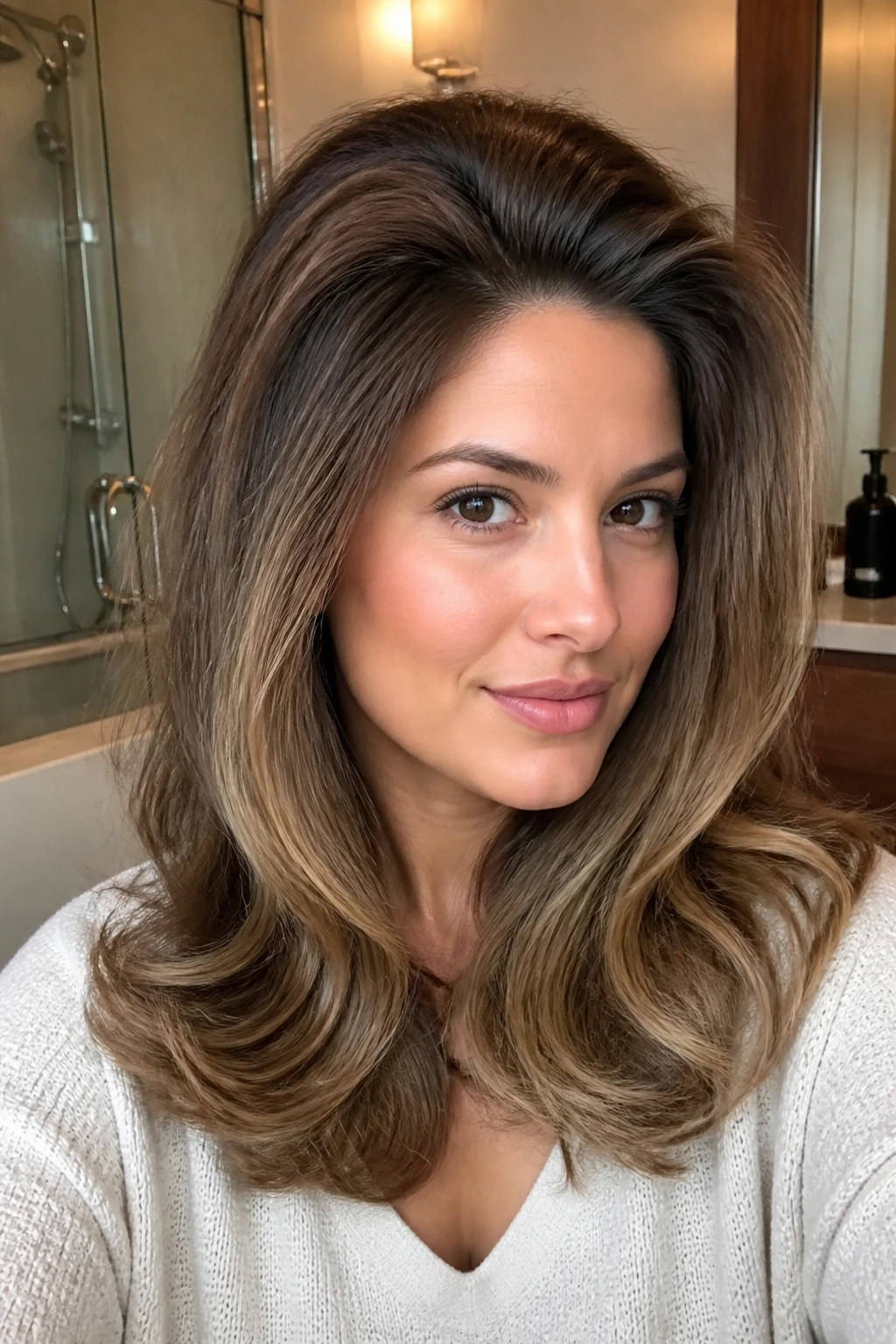 Close-up of a real woman with a voluminous blowout and root lift