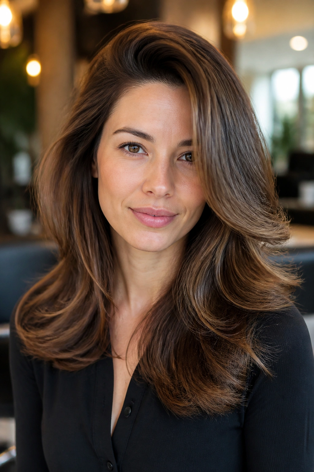 Close-up portrait of a real woman with voluminous side-part blowout in a salon.