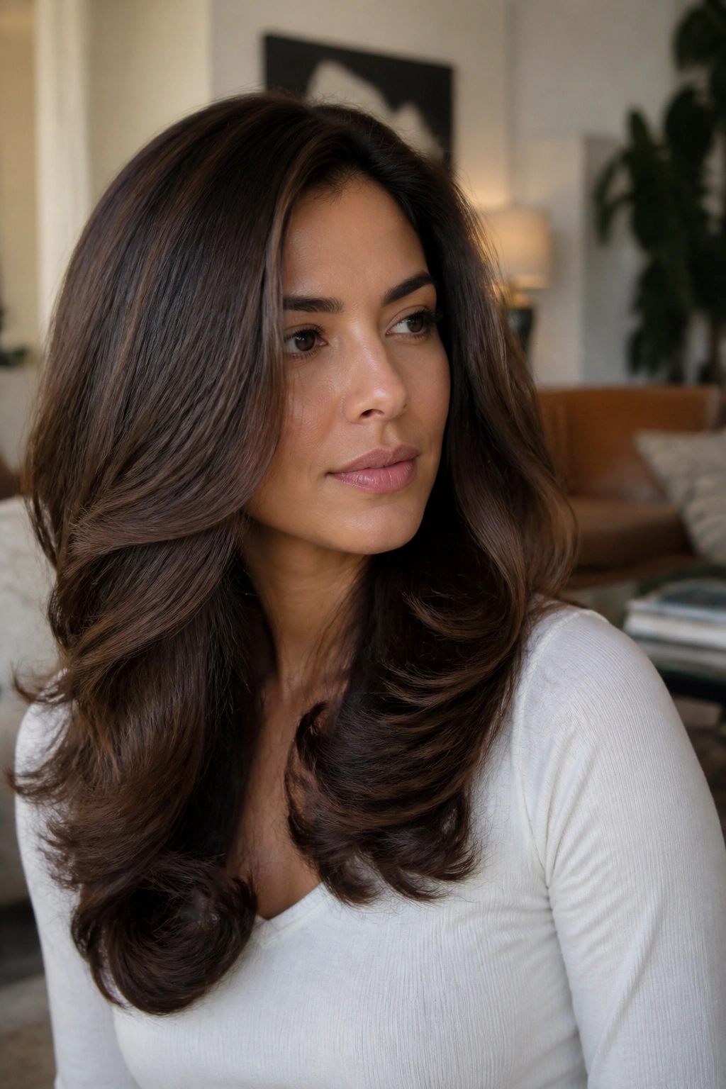 Close-up of a real person with a voluminous blowout and glossy ends in a cozy living room