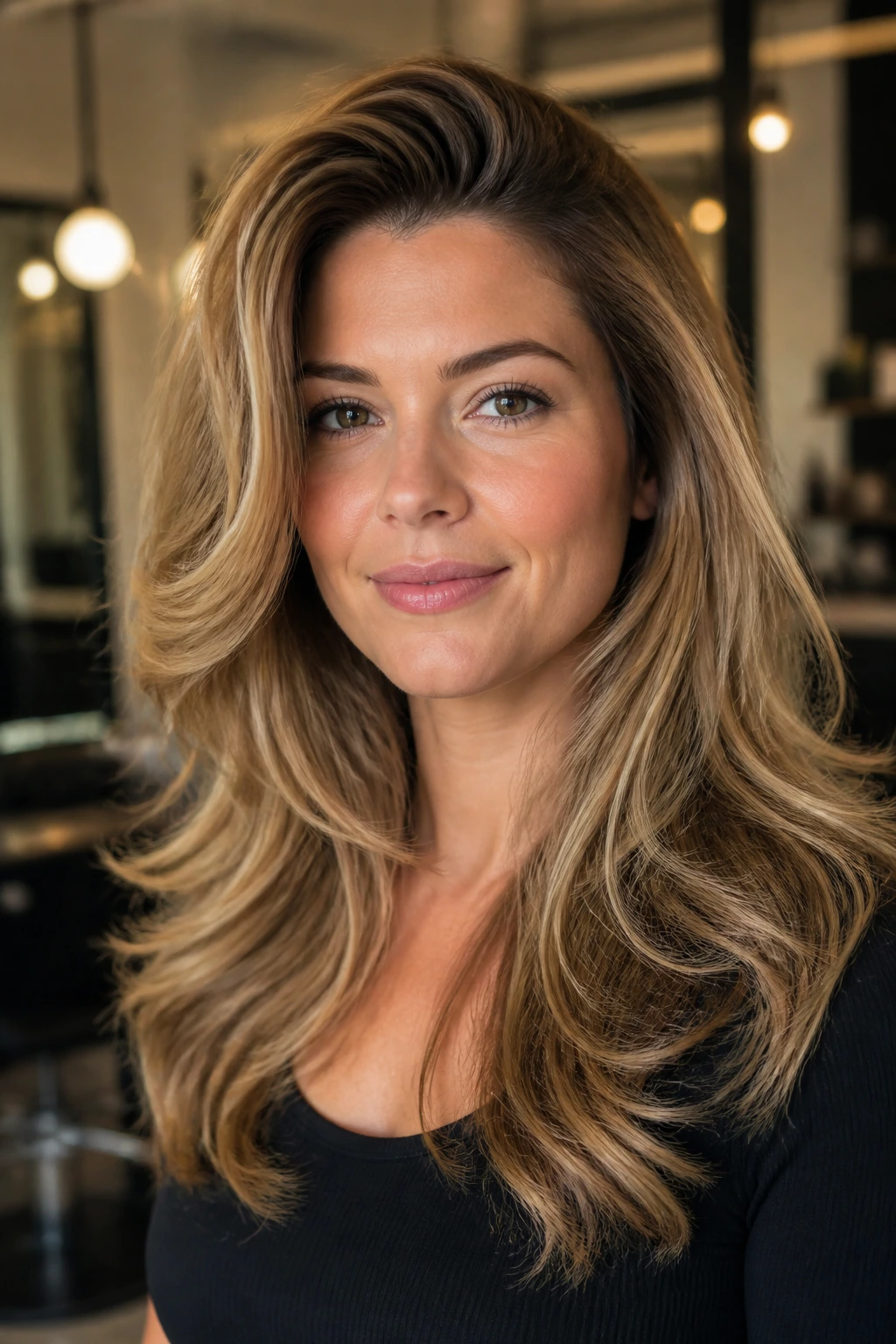 Portrait of a woman with voluminous blowout waves in a chic salon setting