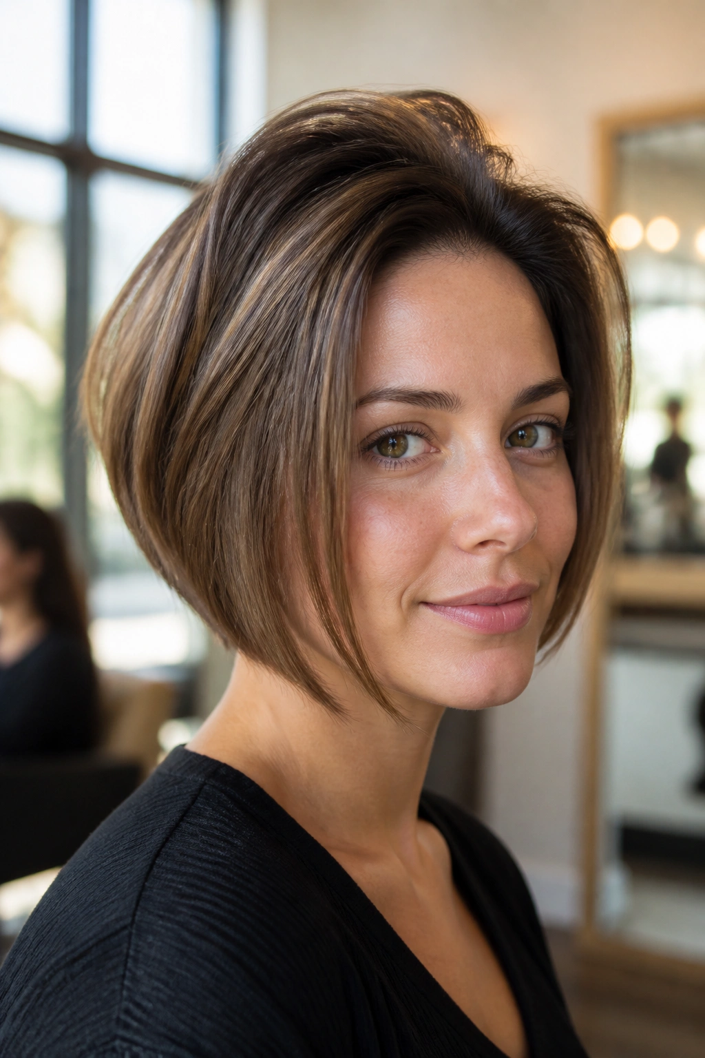 Real woman with a voluminous crown bob and minimal front layers under natural salon light