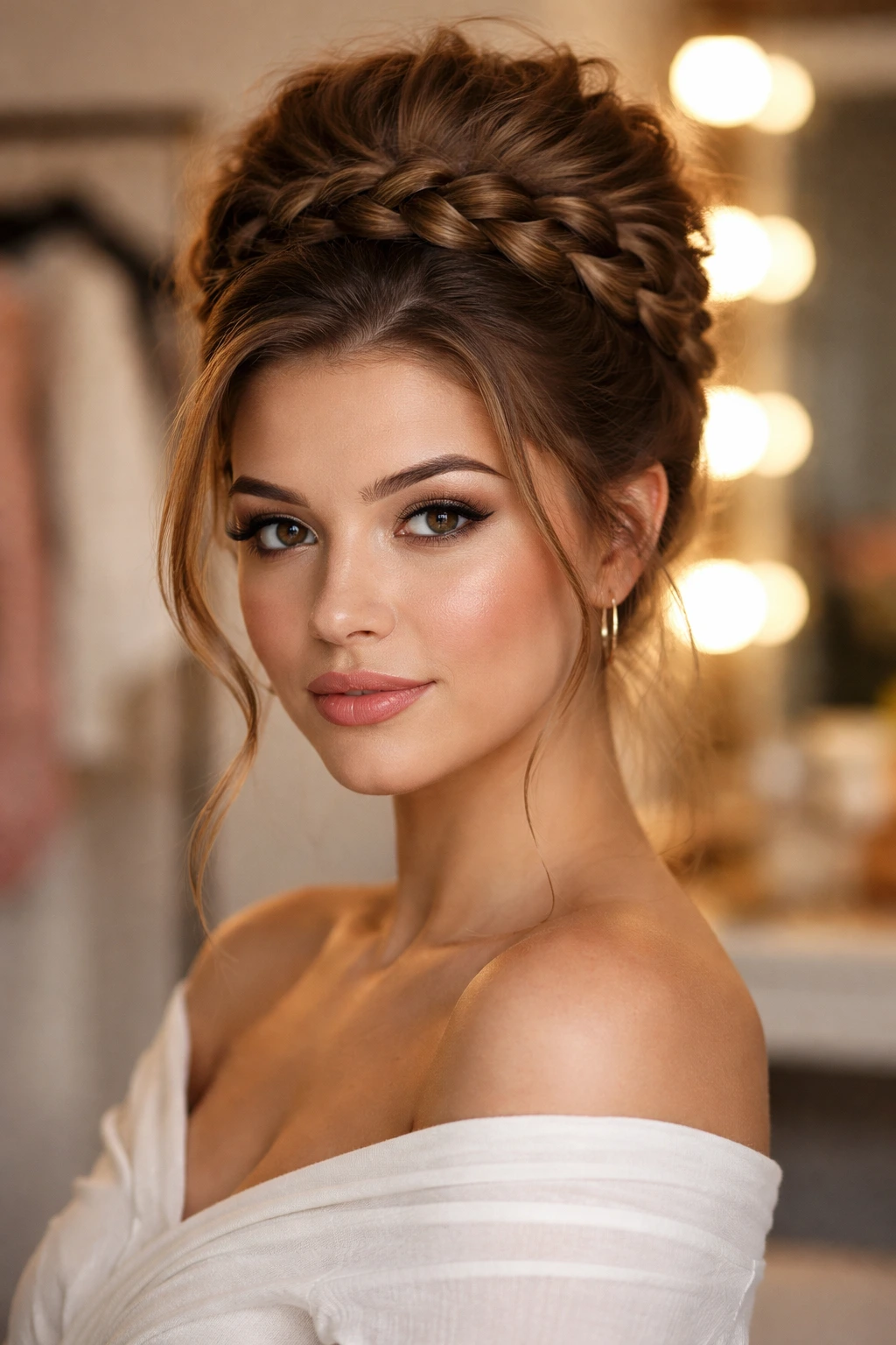 Close-up of a woman with a tall voluminous crown braid on top