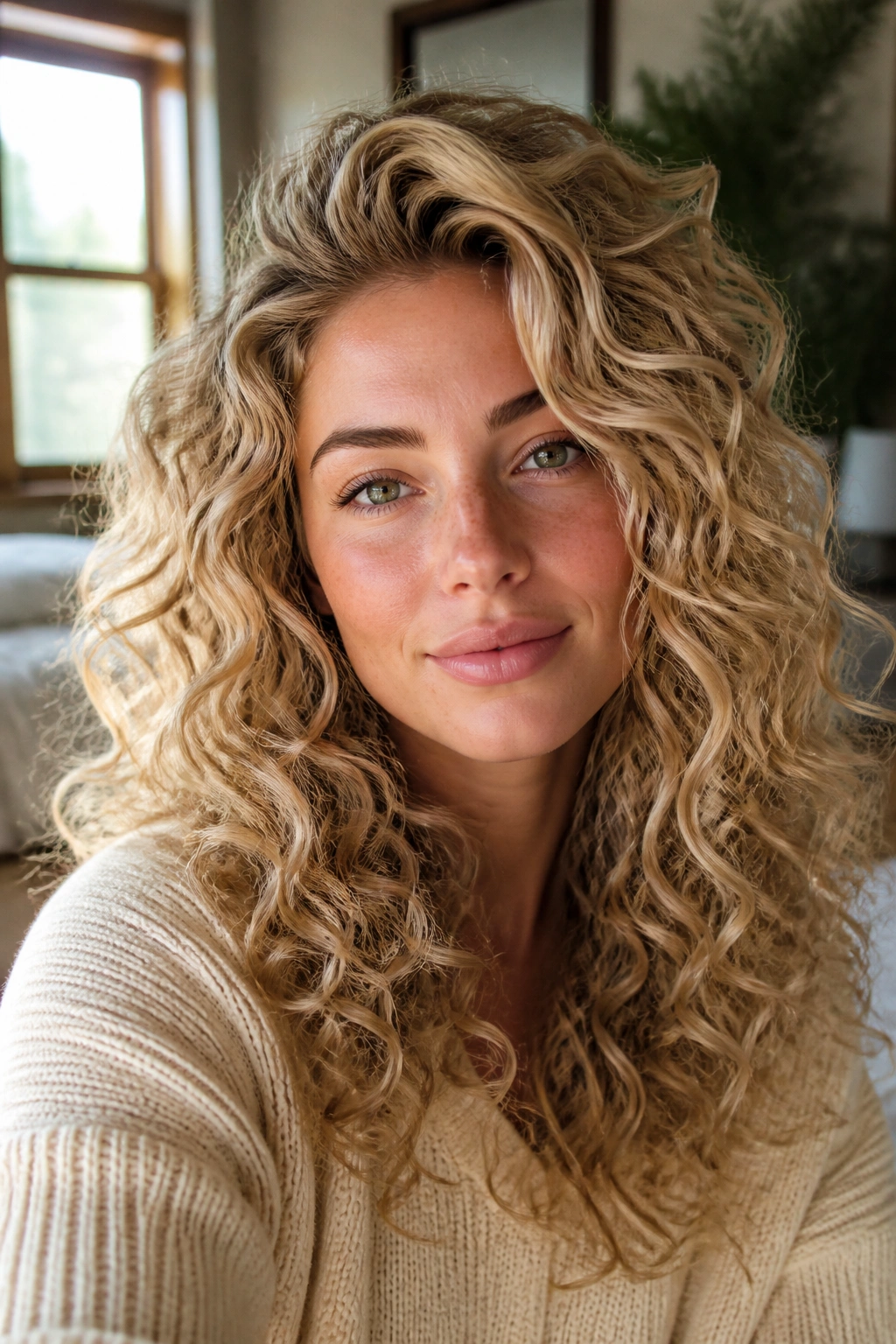 Close-up of a real woman with voluminous blonde curls lifted at the roots in soft bedroom light