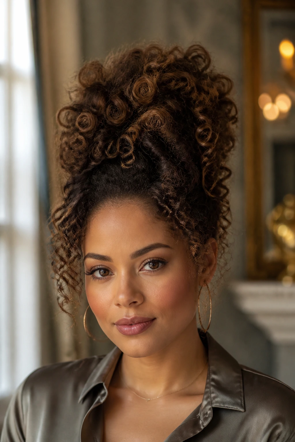 Real person with high voluminous curls piled on top