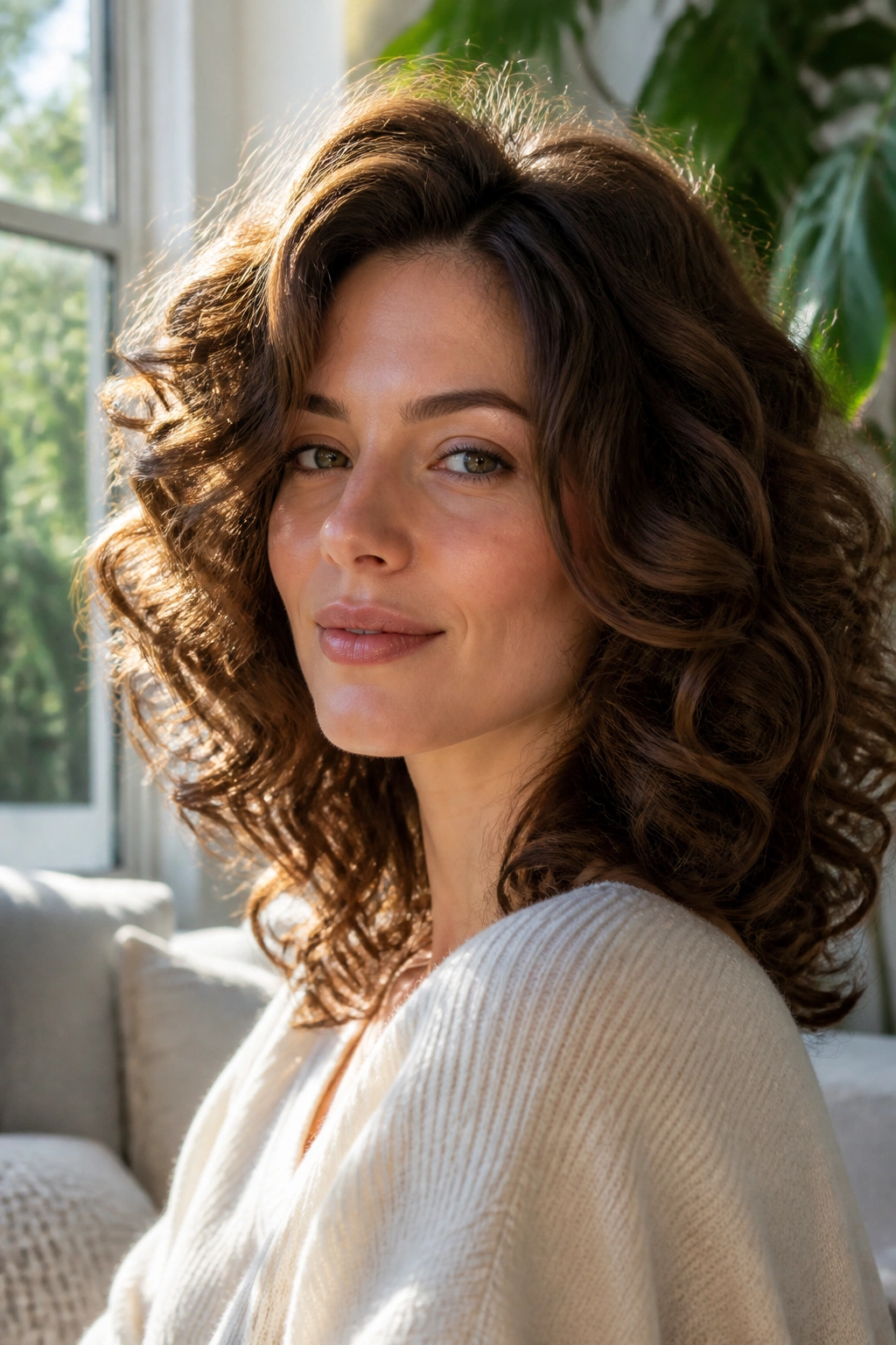 Real woman with voluminous curls for square faces in natural sunlit setting