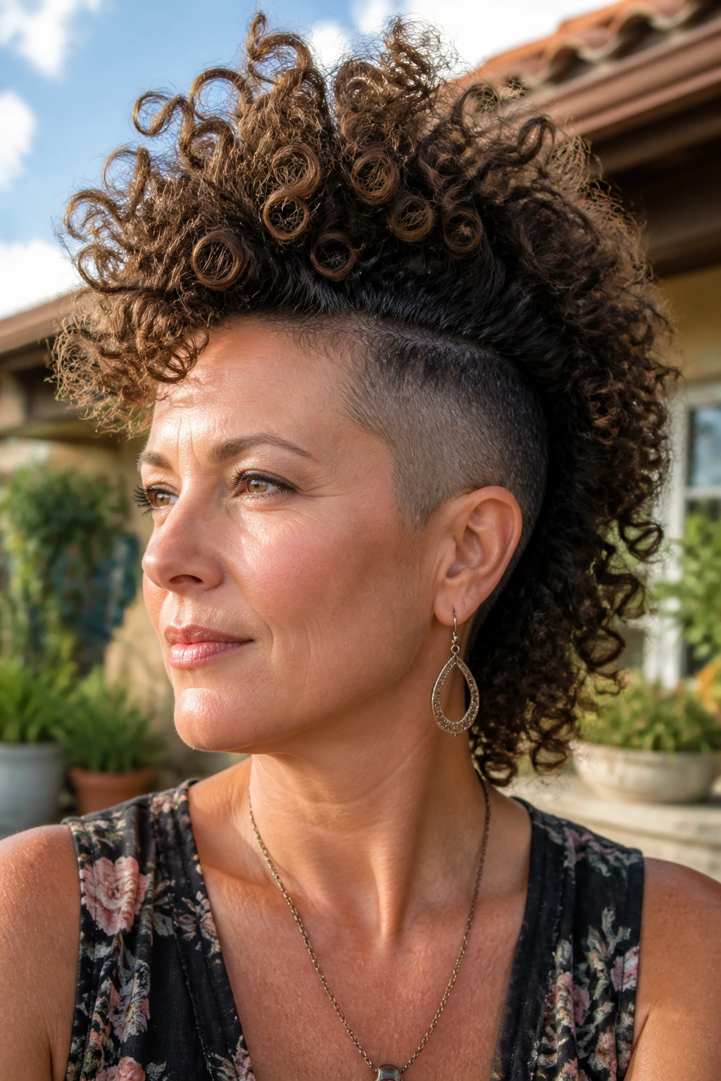 Real woman with voluminous curly hawk in a sunlit garden setting.