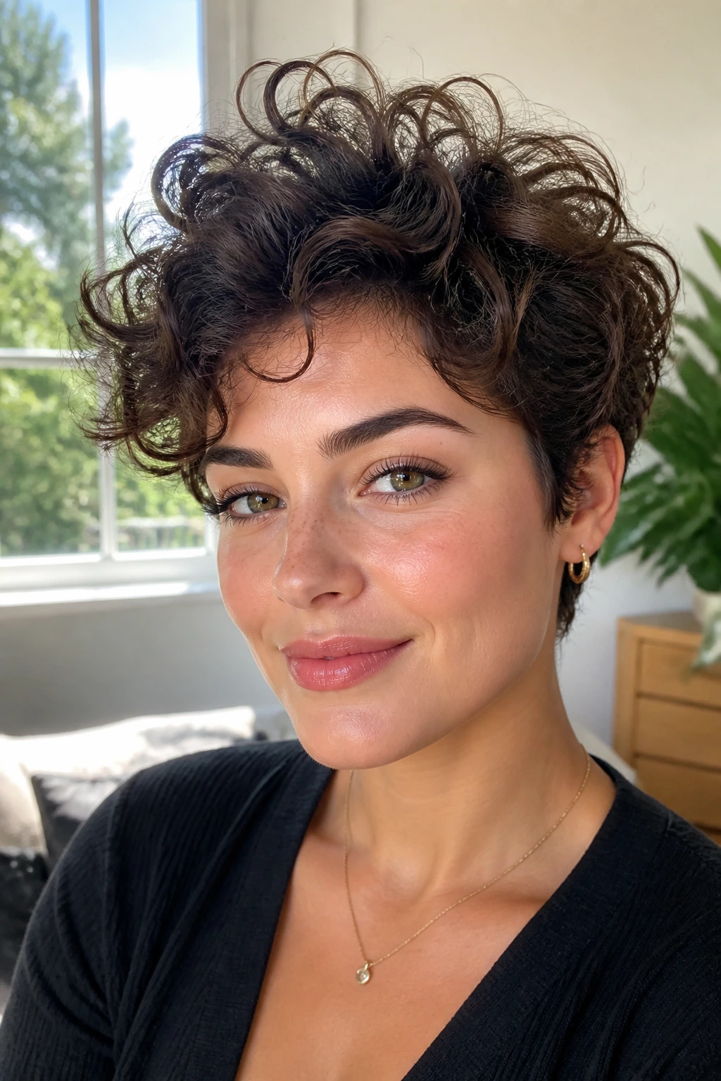 Close-up of a real woman with voluminous curly pixie crown