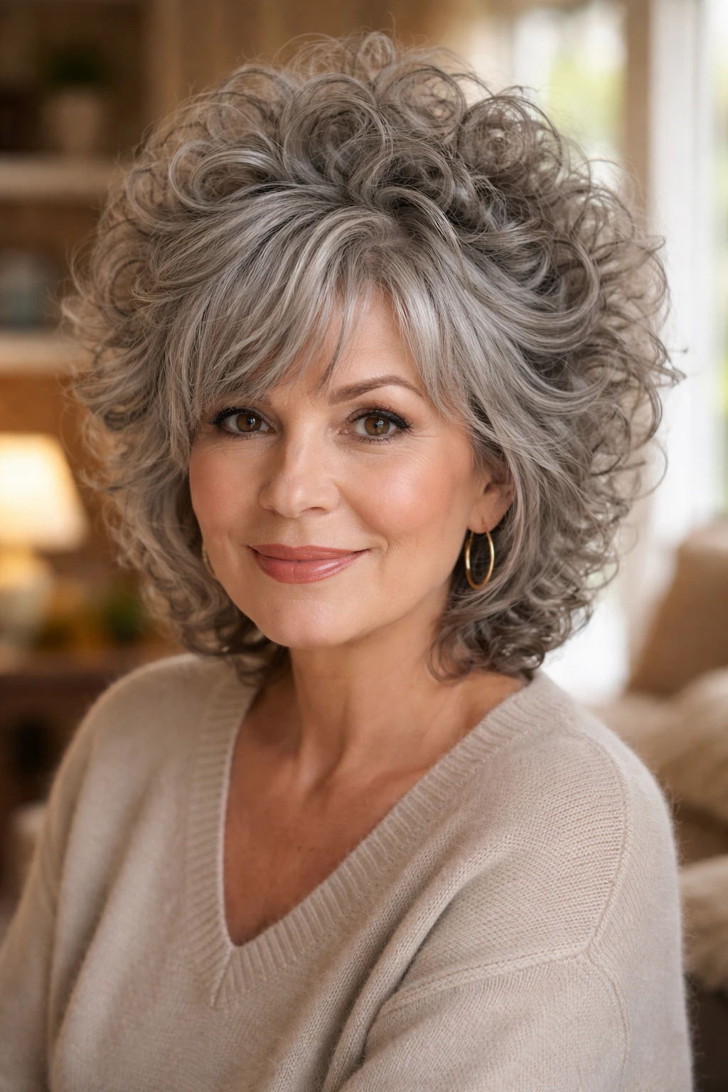 Close-up of a real woman with voluminous grey curly shag and high crown