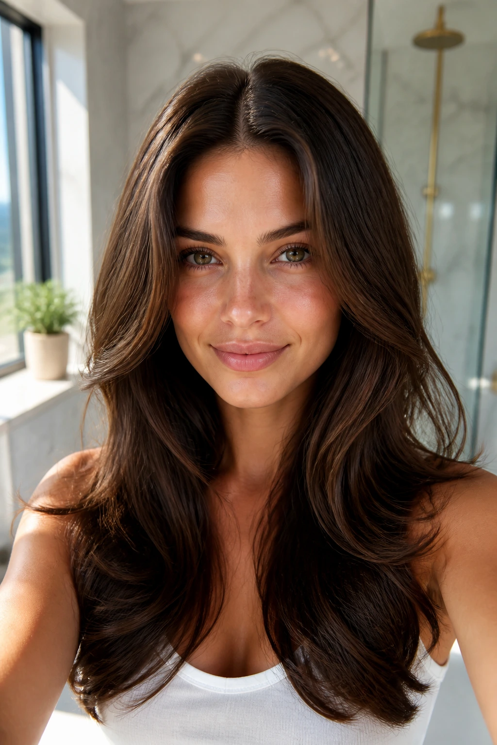 Close-up of a real woman with glossy voluminous hair and middle part