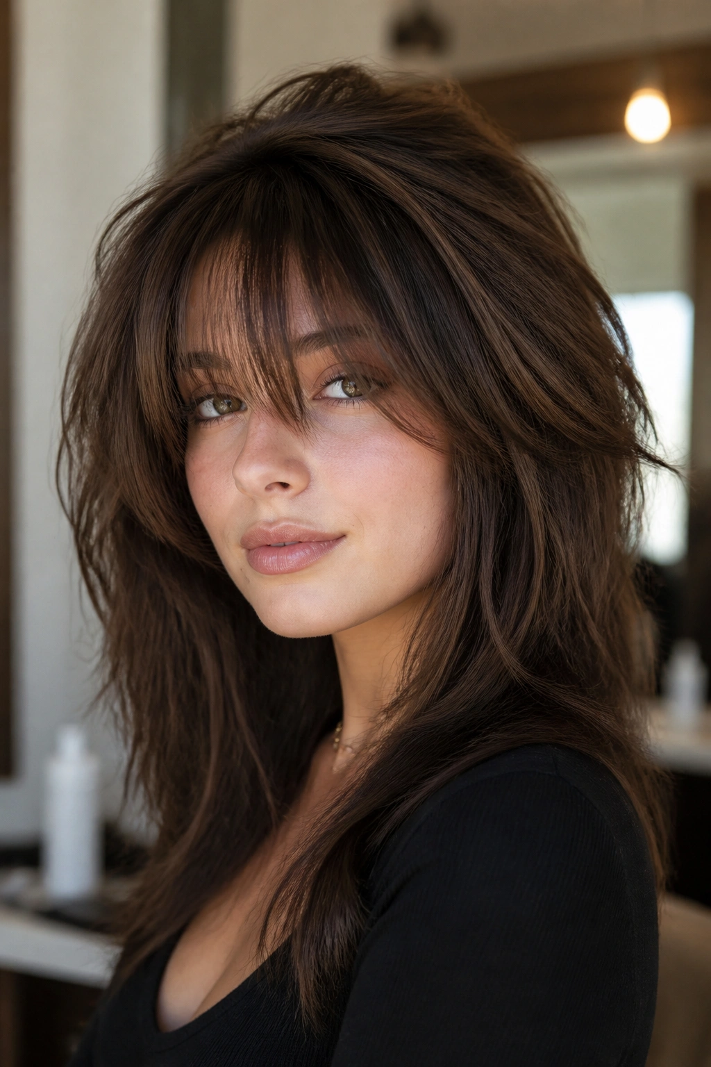 Close-up of a woman with a voluminous layered cut and long choppy fringe.