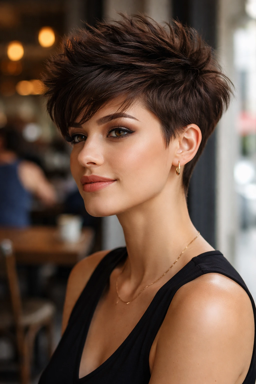 Portrait of brunette with voluminous top pixie haircut in a cafe setting