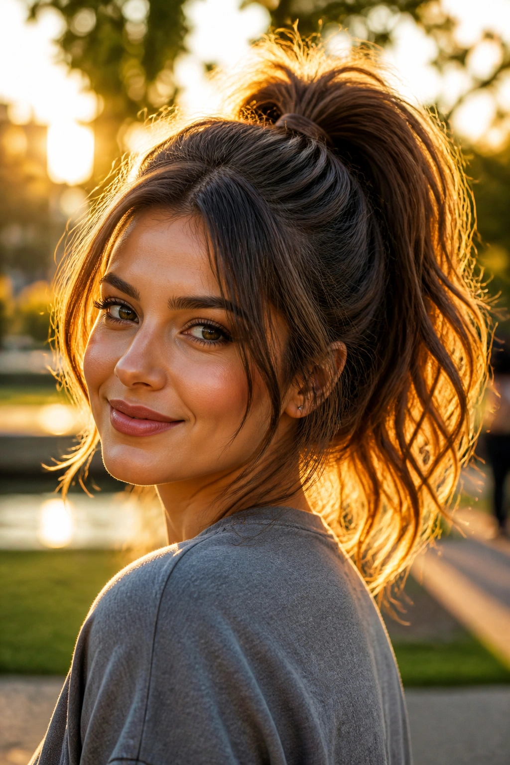 Portrait of a real woman with a high textured ponytail in golden hour light.