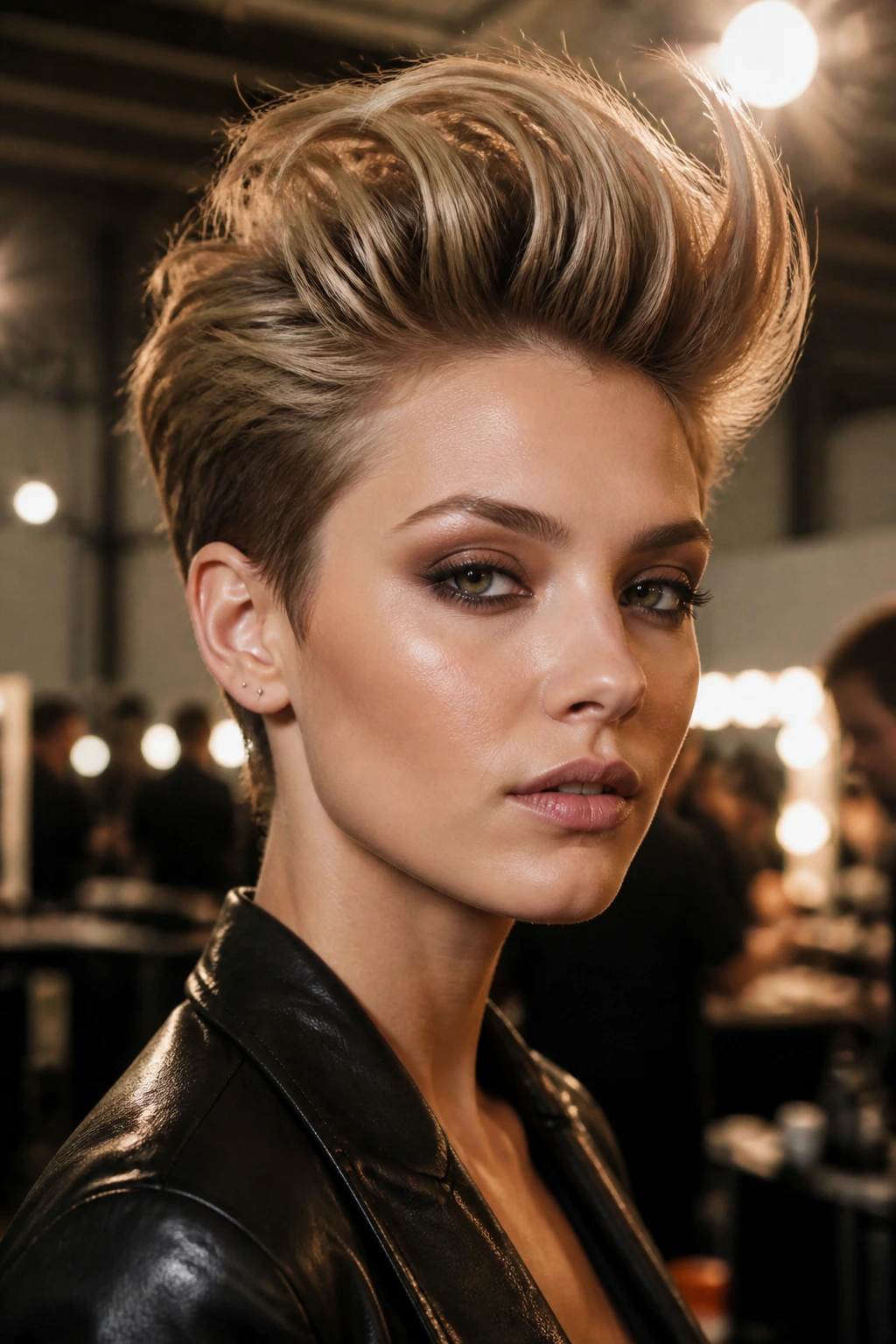 Medium close-up of a woman with voluminous quiff pixie hairstyle